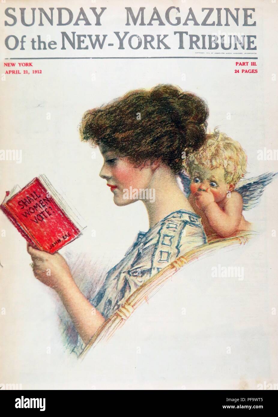 Color magazine cover, depicting an apprehensive Cupid, fearing that he has lost his influence over a young suffragette who is more interested in the ballot than in love, illustrated by John Rae, and published for the American market by the Sunday Magazine of the New York Times, dated April 21, 1912, April 21, 1912. () Stock Photo