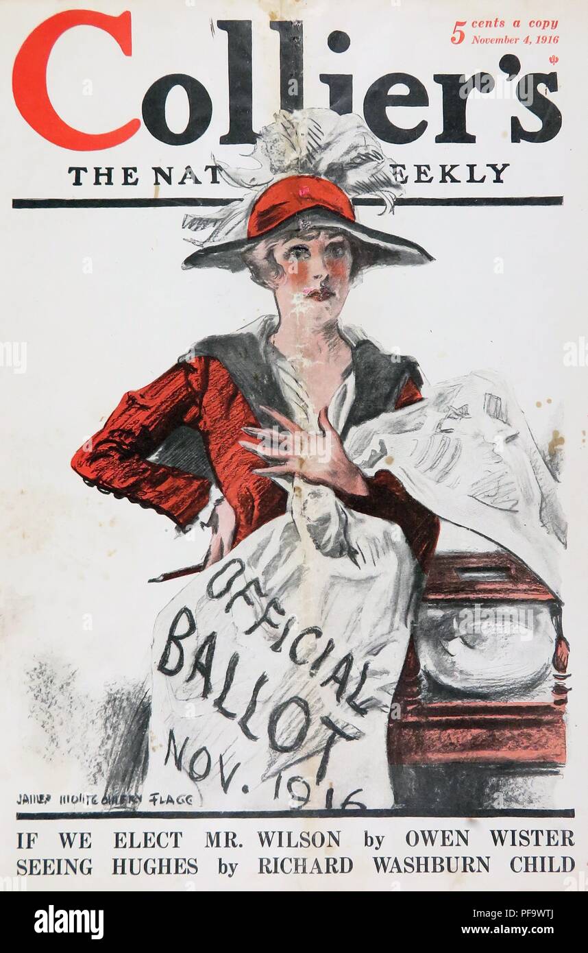 Color magazine cover, depicting a young suffragette clasping a banner reading 'Official Ballot, Nov 1916, ' illustrated by James Montgomery Flagg (famous for his 'I Want You for US Army' Uncle Sam recruiting poster) and published for the American market, by Collier's Magazine, November 4, 1916. () Stock Photo