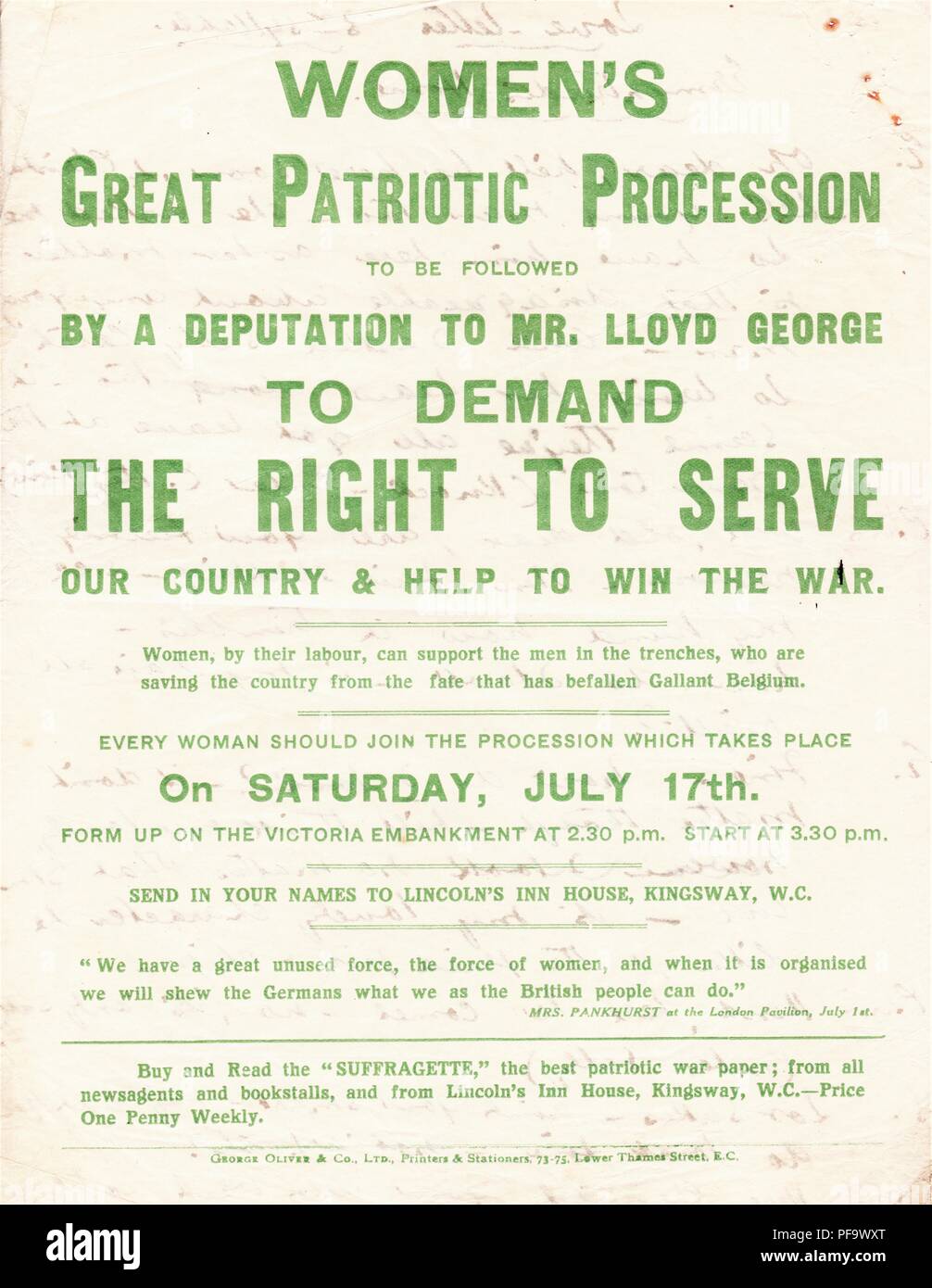 World War I suffrage poster, advertising a 'Women's Great Patriotic Procession, ' and deputation to Mr Lloyd George, to demand the right to aid the war effort, published for the British market, circa 1914-1918, 1916. () Stock Photo