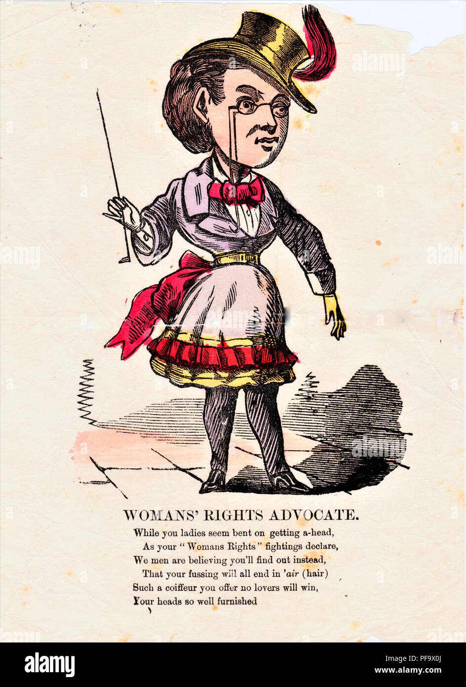 'Vinegar Valentine' card, portraying 'The Woman's Rights Advocate, ' whose 'fightings' are equated the same merit as 'fussings' over their hair, published for the American market, from the 1840s. () Stock Photo