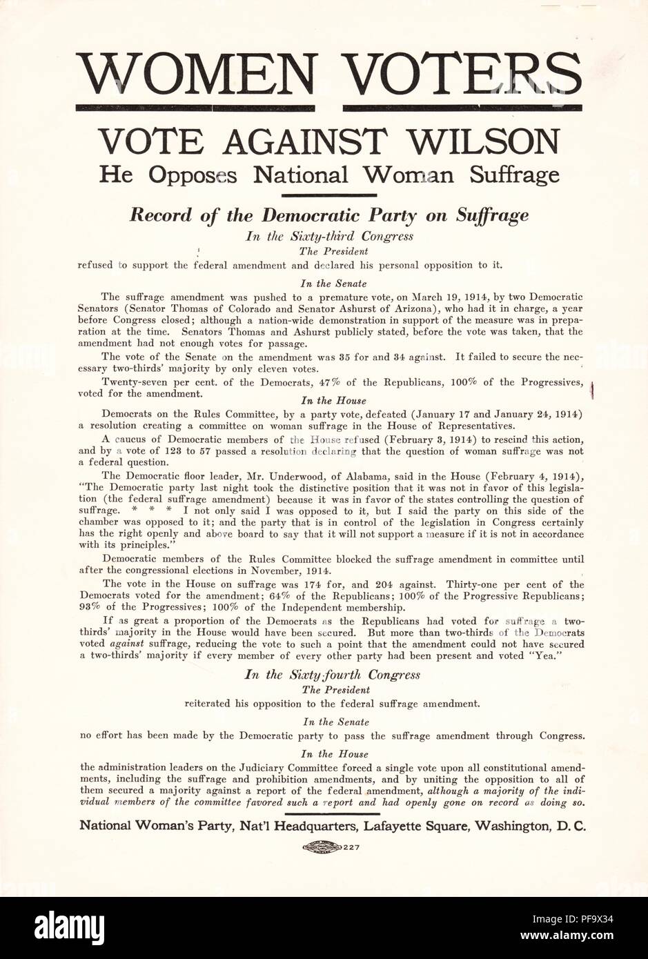Suffrage campaign leaflet, advocating against Thomas Woodrow Wilson and the Democratic Party in light of their perceived failures regarding women's suffrage, published by Alice Paul's National Woman's Party, in Washington, DC, 1914. () Stock Photo