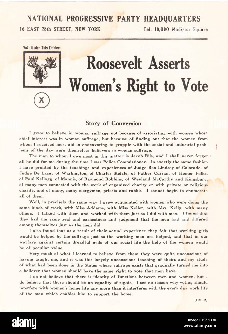 Presidential campaign leaflet, asserting Theodore Roosevelt Jr's pro-suffrage stance, published by the National Progressive Party Headquarters, in New York City, circa 1912. () Stock Photo