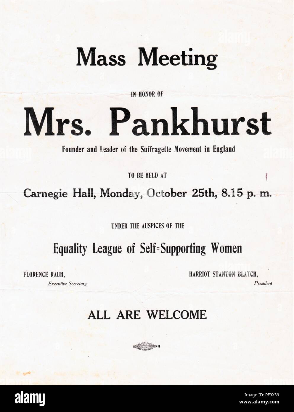 Suffrage meeting poster, advertising the appearance of Emmeline Pankhurst, the militant founder of the English Women's Social and Political Union, at Carnegie Hall, in New York, on October 25, 1909. () Stock Photo