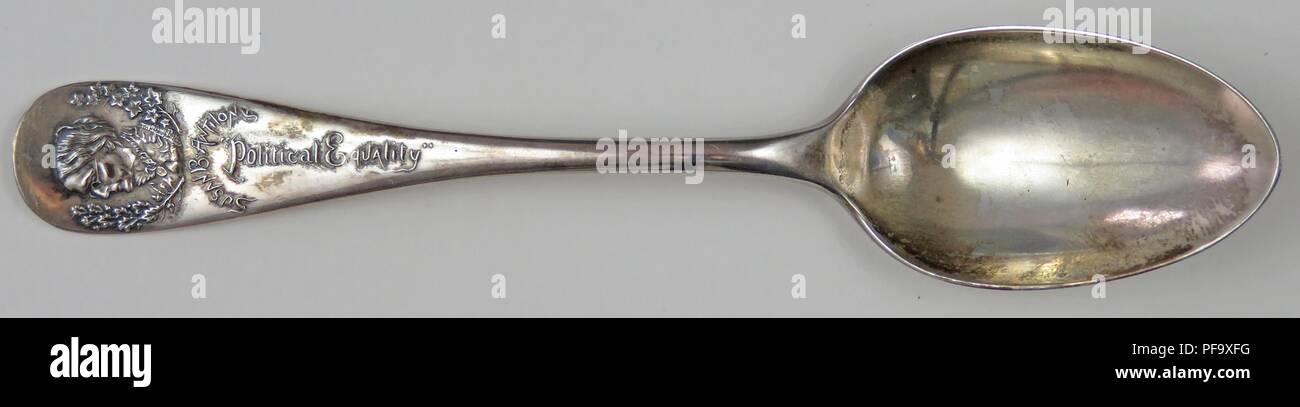 Silver spoon, engraved with the profile of a woman, identified as Susan B Anthony, and the message 'Political Equality, ' designed by Millie Logan, and produced for the American market, 1892. Photography by Emilia van Beugen. () Stock Photo