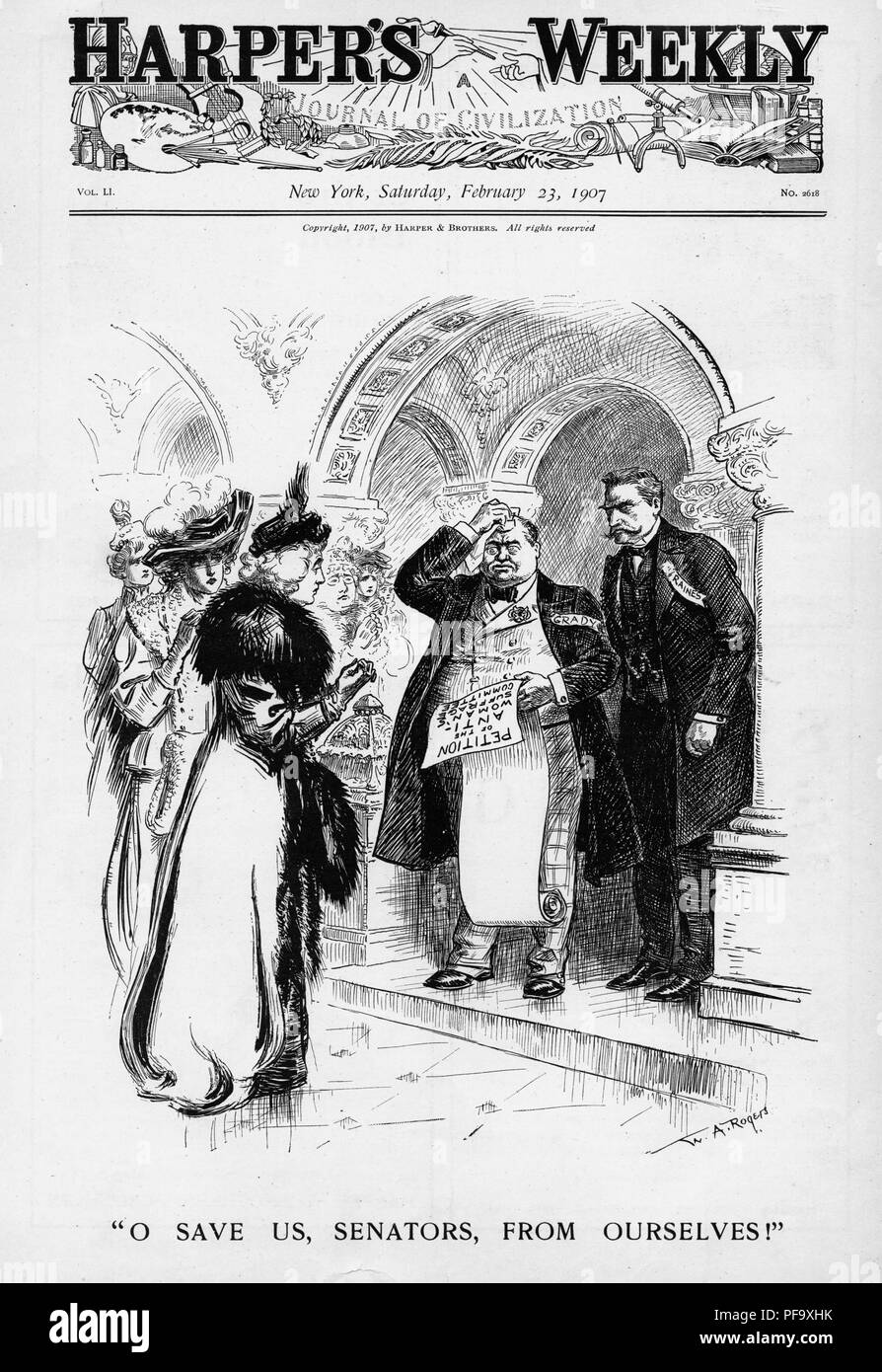 Black and white cover illustration depicting several well-dressed women presenting an anti-voting rights petition to a pair of senators who wear the labels 'Grady, ' and 'Raines, ' captioned 'O save us, senators, from ourselves!' illustrated by WA Rogers, and published by Harper's Weekly for the American market, February 23, 1907. () Stock Photo