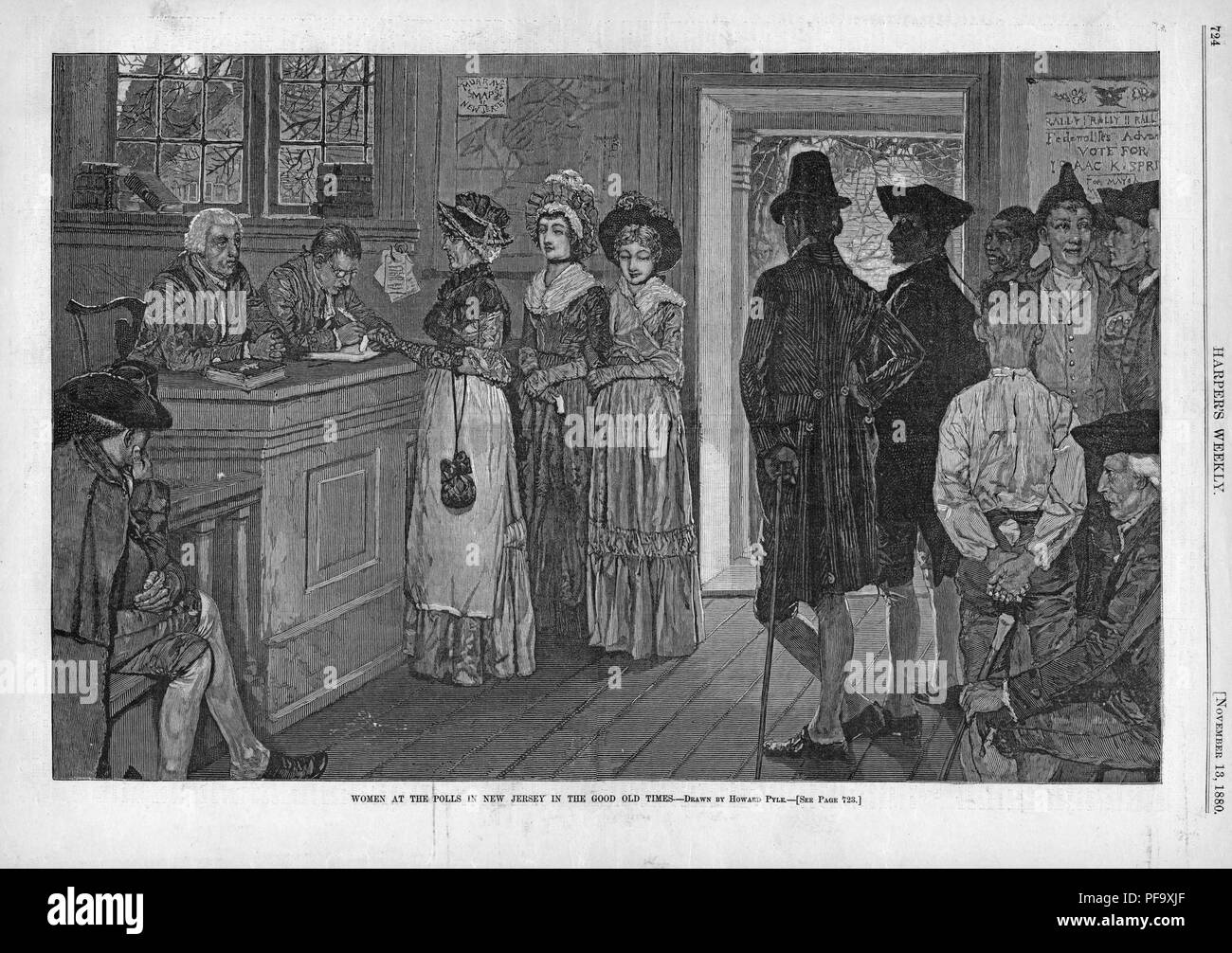 Black and white illustration depicting Colonial-era women casting their votes prior to their disenfranchisement via passage of the US Constitution, captioned 'Women at the polls in New Jersey in the good old times, ' illustrated by Howard Pyle and published by Harpers Weekly for the American market, 1880. () Stock Photo
