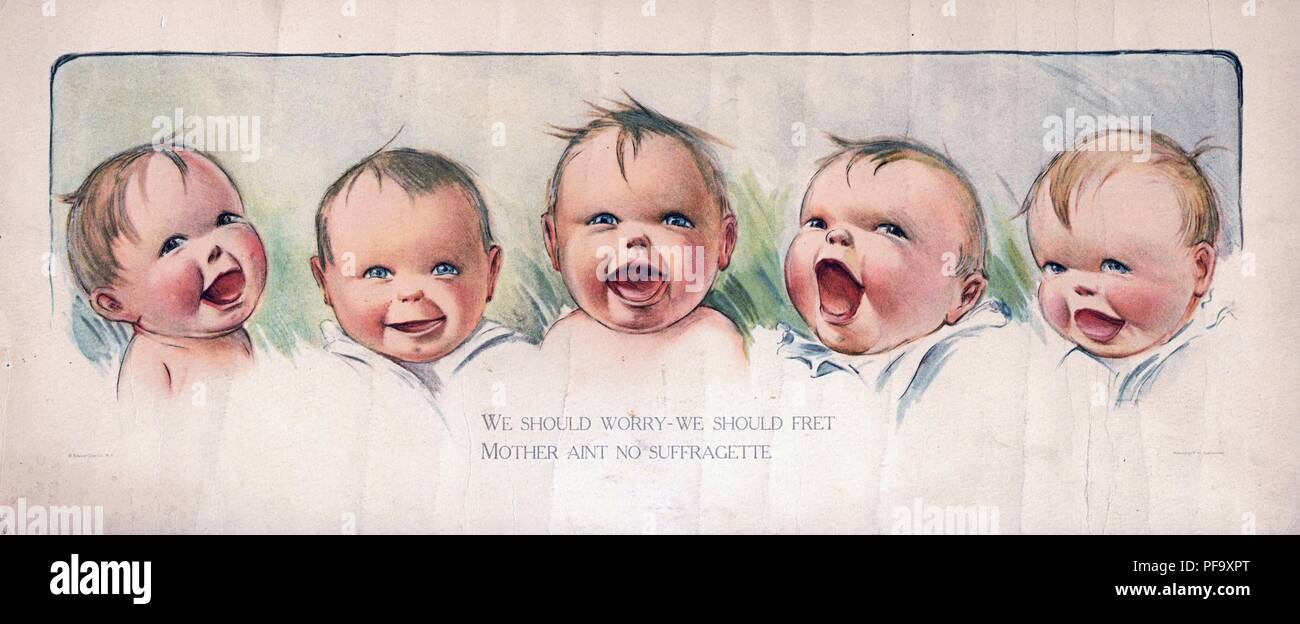 Color anti-suffrage lithograph, depicting the heads of quintuplets, captioned 'We should worry - we should fret, mother ain't no suffragette, ' illustrated by Charles Henry Twelvetrees for the American market, 1915. () Stock Photo