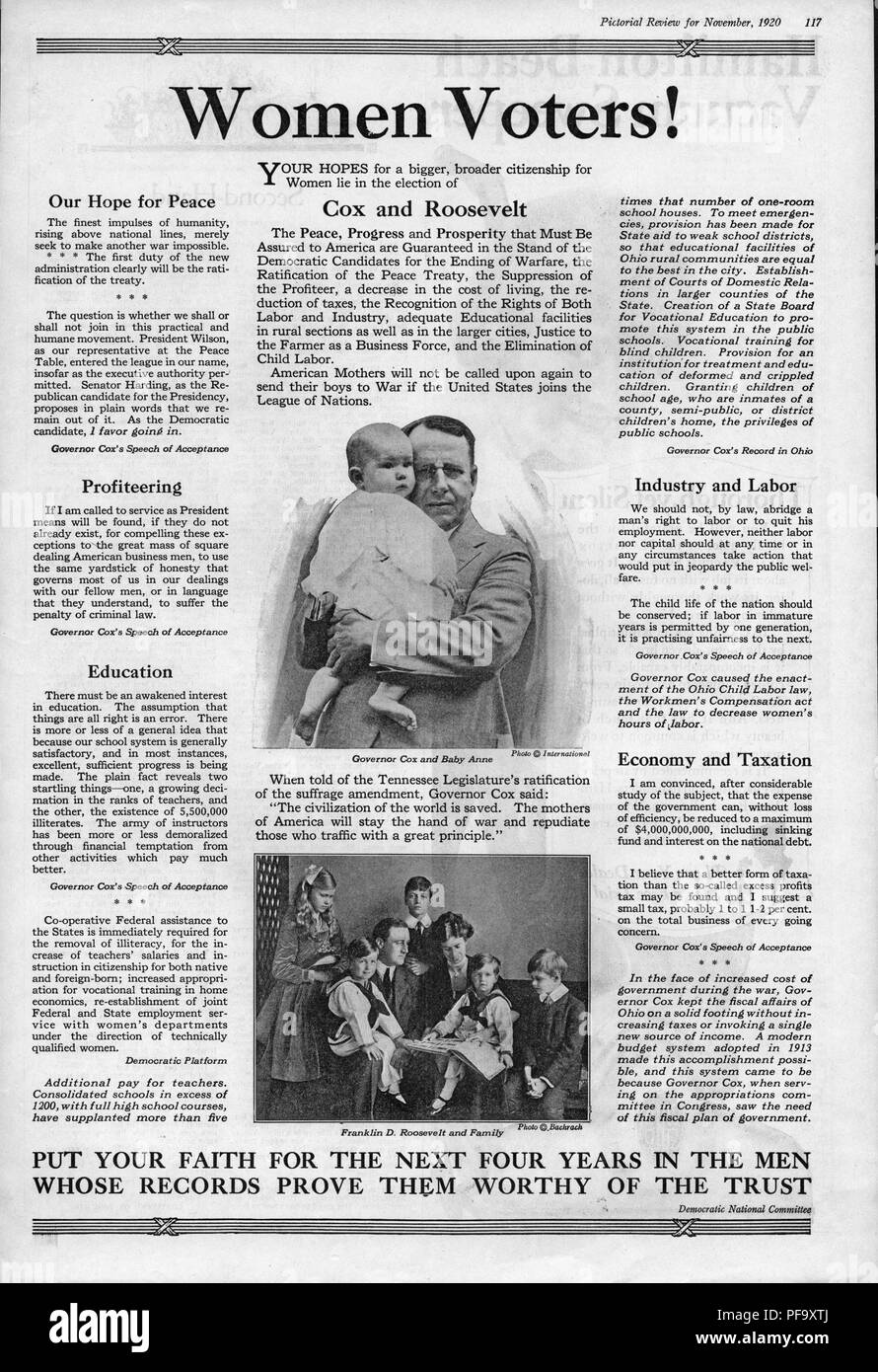 Presidential campaign advertisement for the Democratic team of James M Cox and Franklin D Roosevelt, with black and white photographs of Governor Cox holding his daughter Anne, and Roosevelt surrounded by his large family, with text intended to appeal to the newly enfranchised female voter, published by Pictorial Review for the American market, 1920. () Stock Photo