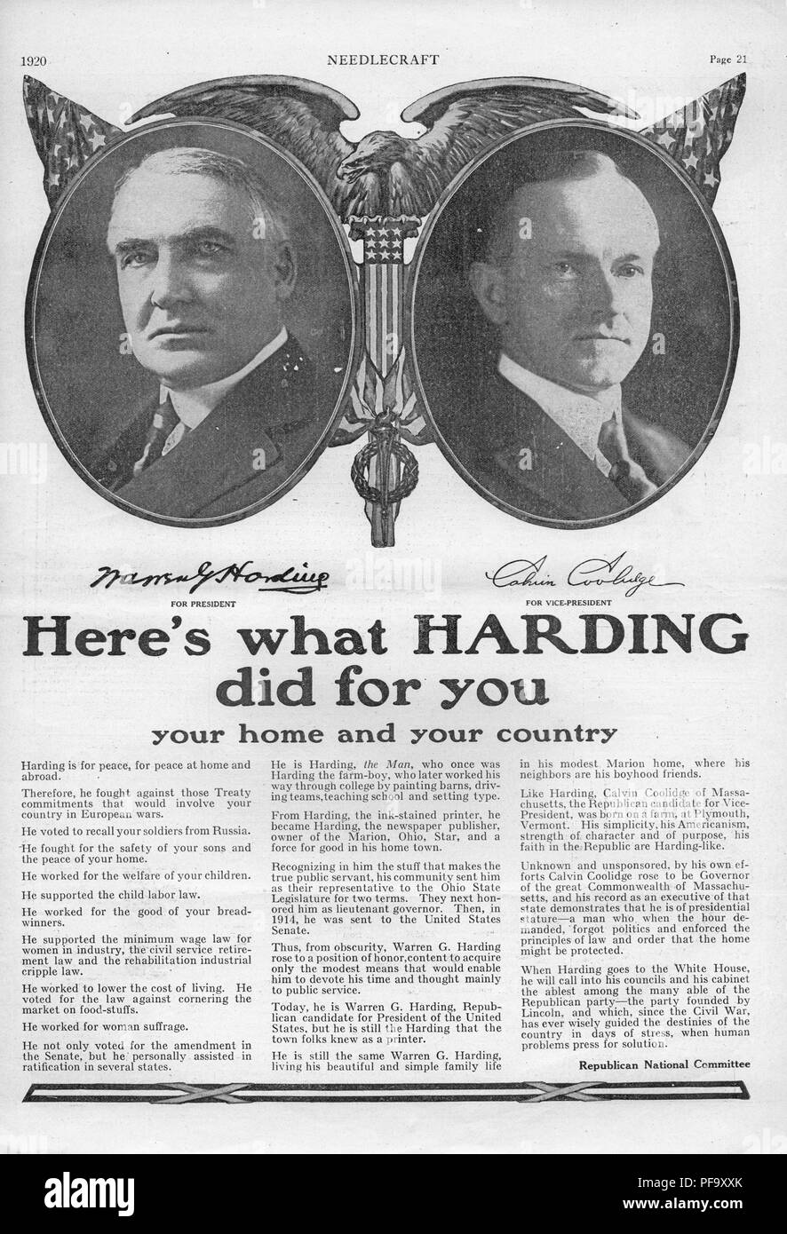 Presidential campaign advertisement for the Republican team of Warren G Harding and Calvin Coolidge, with black and white portrait photographs of each candidate, intended to appeal to the newly enfranchised female voter by noting their support for suffrage, titled 'Here's what Harding did for you, your home, and your country, ' published by Needlecraft for the American market, 1920. () Stock Photo