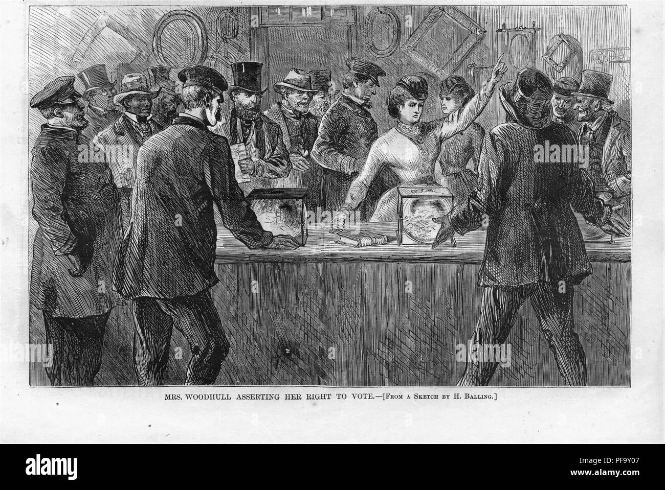 Black and white print illustrating Victoria Woodhull, the first woman candidate for President, with her arm raised, after breaking into a polling station and demanding to be allowed to vote, titled 'Mrs Woodhull Asserting her Right to Vote, ' illustrated by H Balling for the American market, 1871. () Stock Photo