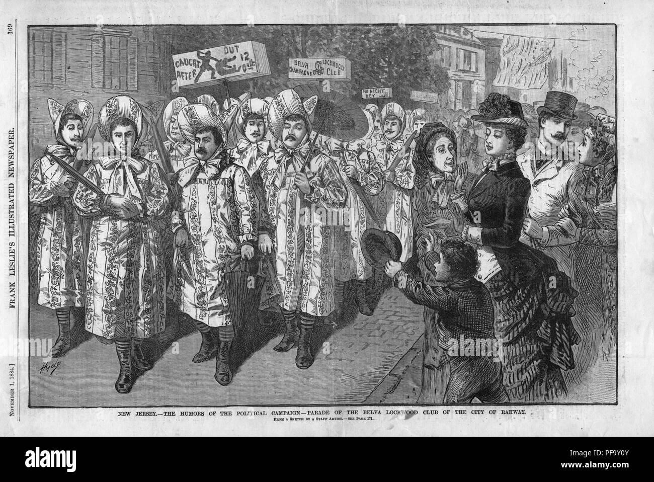Black and white print Illustrating a satirical 'Mother Hubbard' parade in which men dressed in women's clothes and marched in the street pretending to be 'supporters' of Belva Lockwood, who ran for President in 1884 and 1888, captioned 'New Jersey - the humors of the political campaign parade of the Belva Lockwood Club of the city of Rahway, ' published by Frank Leslie's Illustrated Newspaper for the American market, 1884. () Stock Photo