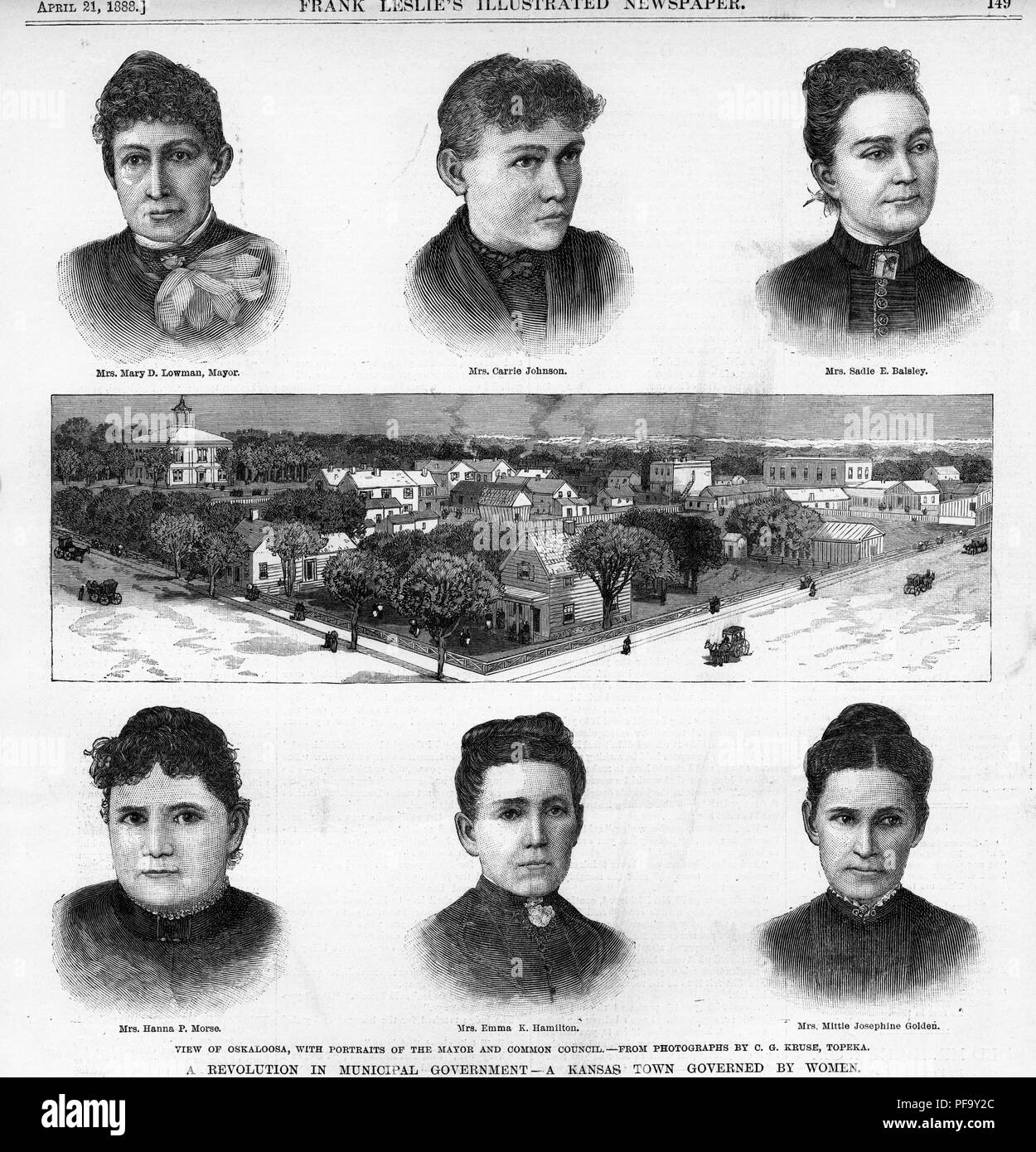 Black and white print depicting a panoramic view of Oskaloosa, Kansas, surrounded by portrait sketches of six women who served as the town's Common Council members, including Mrs Mary D Lowman (Mayor) Mrs Carrie Johnson, Mrs Sadie E Balsley, Mrs Hanna P Morse, Mrs Emma K Hamilton, and Mrs Mittie Josephine Golden, illustrated by CG Kruse and published in Frank Leslie's Illustrated Newspaper for the American market, 1888. () Stock Photo