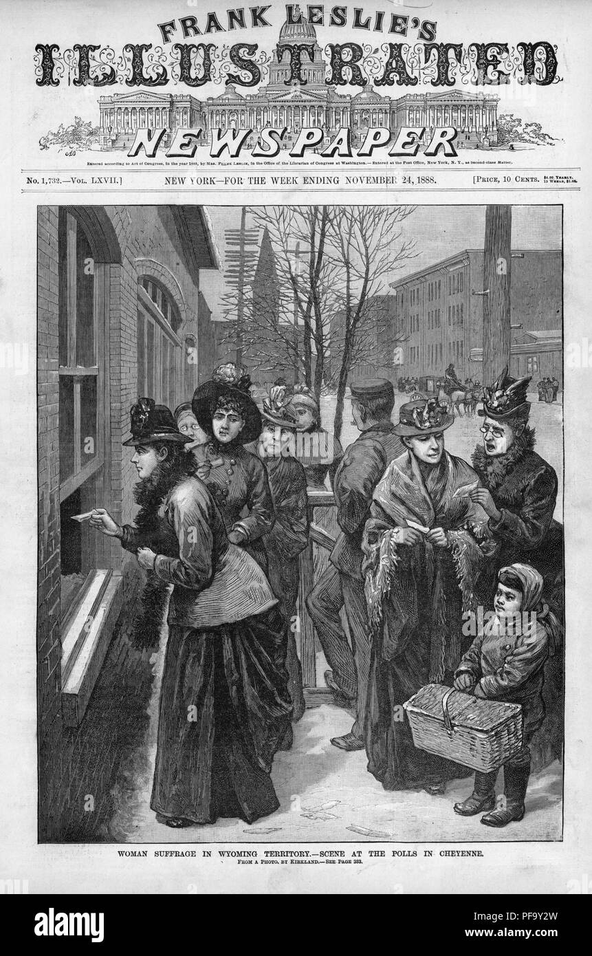 Black and white cover print illustrating women voting, and waiting to vote, at a poll in Cheyenne, Wyoming, the first territory or state to grant women the ballot in 1869, captioned 'Woman suffrage in Wyoming Territory - scene at the polls in Cheyenne, ' illustrated by Kirkland, and published in Frank Leslie's Illustrated Newspaper for the American market, 1888. () Stock Photo