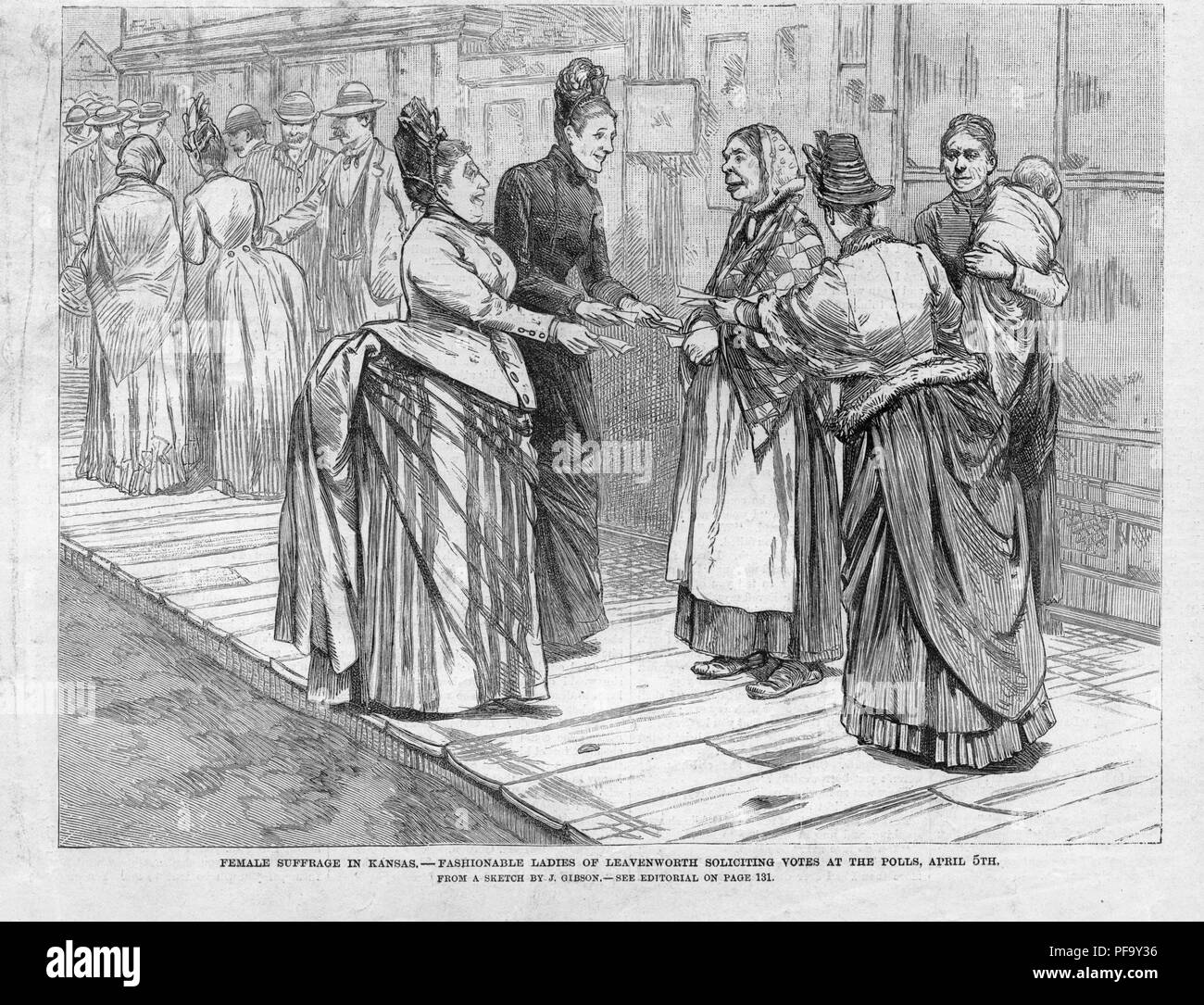 Black and white print illustrating women soliciting votes in Kansas, although they could not vote in national elections until 1912, captioned 'Female suffrage in Kansas, fashionable ladies of Leavenworth soliciting votes at the polls, April 5th, ' illustrated by J Gibson, and published for the American market, 1887. () Stock Photo