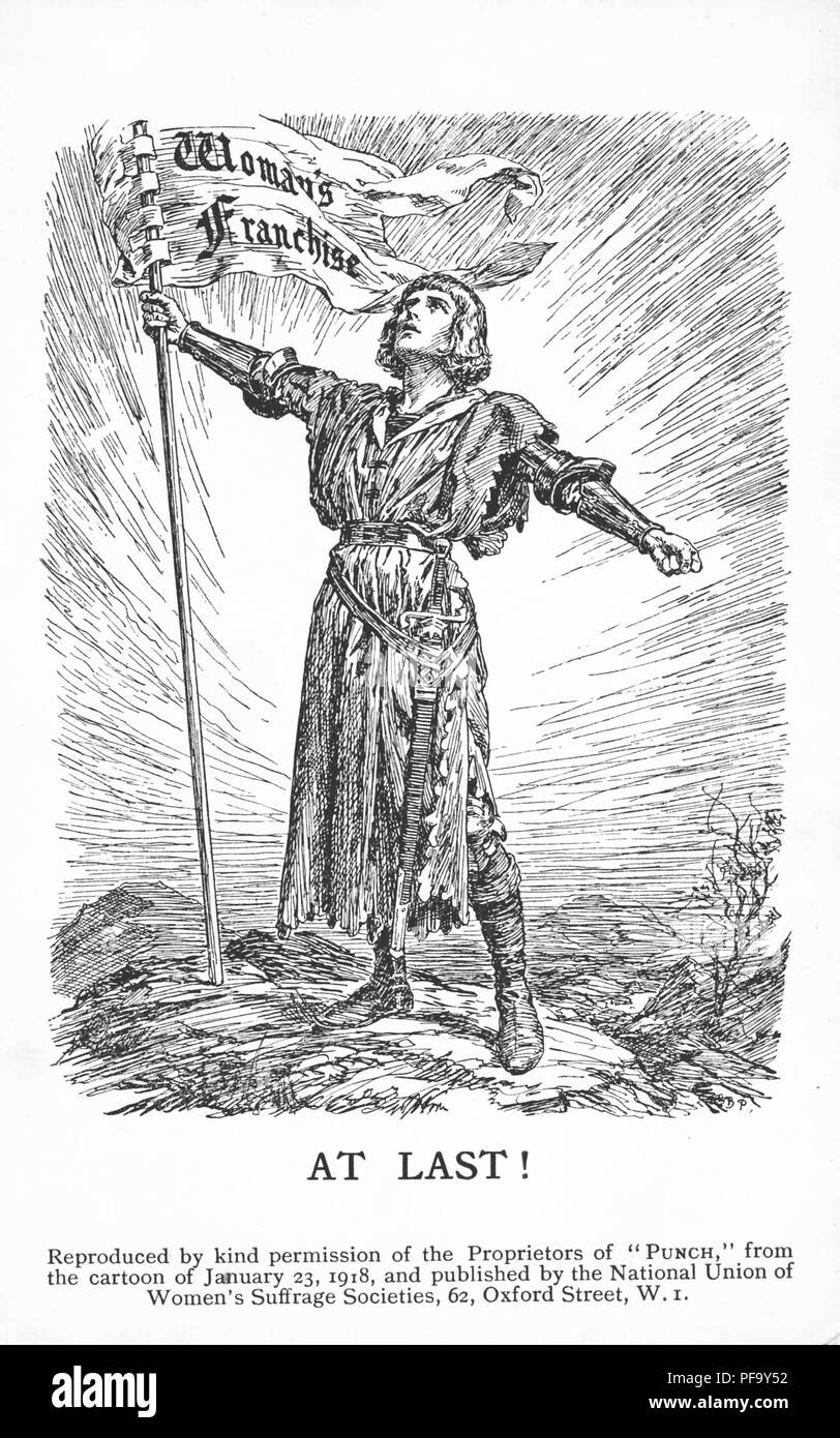 Black and white vintage postcard depicting a personification of Victory, in the guise of a crusading knight, holding a banner with the words 'Woman's Franchise, ' and captioned 'At Last!' to celebrate partial suffrage (for women over the age of 30, property-owning women over the age of 21, and women married to householders) copied from a Punch cartoon, and published for the British market by 'The National Union of Women Suffrage Societies', January 23, 1918. () Stock Photo