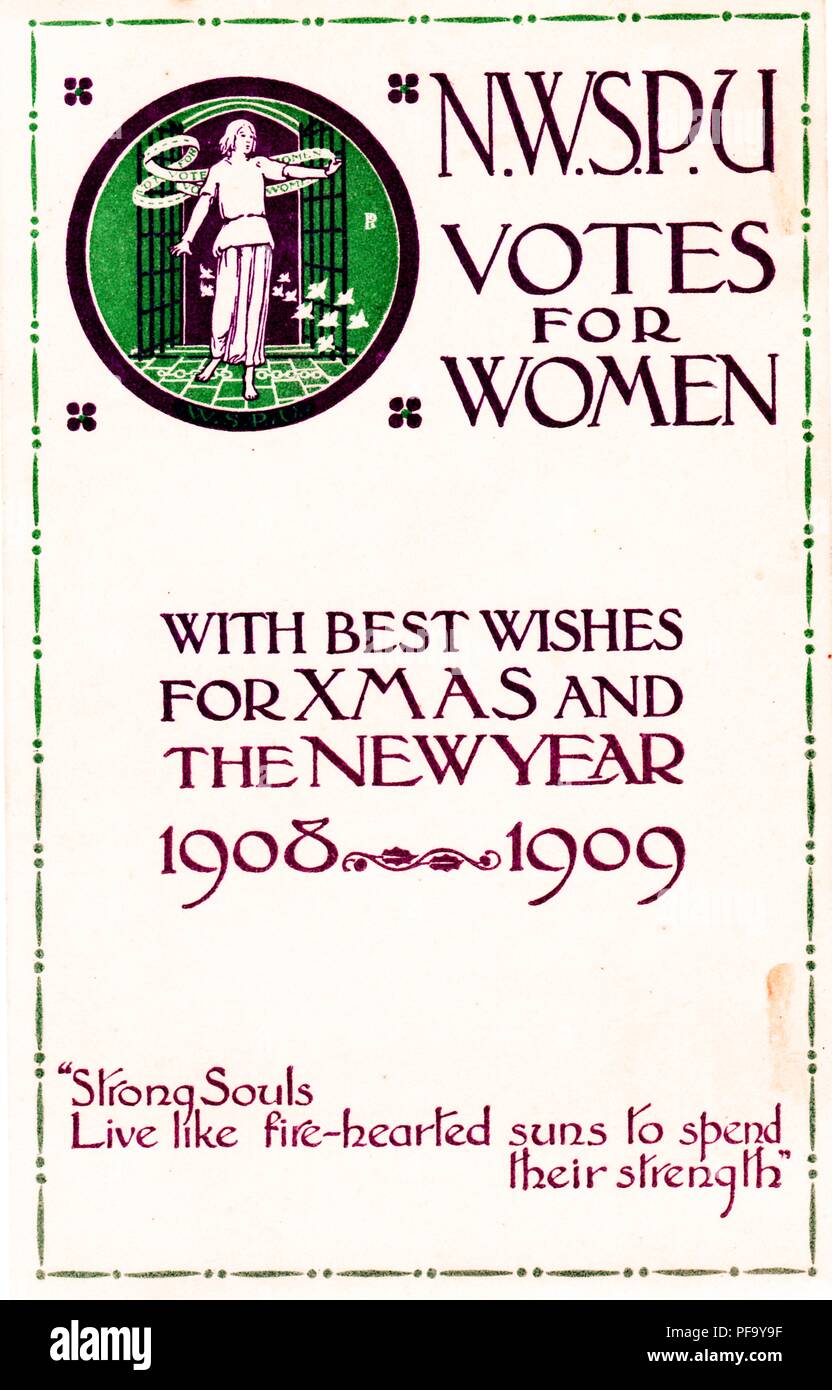 One of several Christmas cards distributed by the English militant organization The National Women's Social and Political Union, featuring woman emerging from prison illustrated by Sylvia Pankhurst, daughter of the Union's founder, Emmeline Pankhurst, United Kingdom, 1909. () Stock Photo
