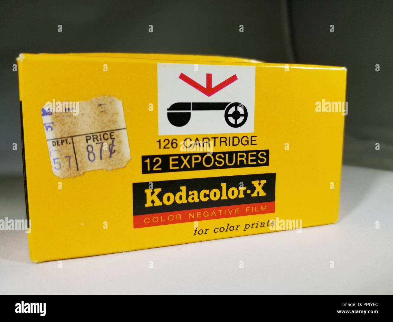Close-up of yellow box of Kodak Kodacolor X color negative camera film in 126 format, with original price of 87 cents, February 21, 2018. () Stock Photo