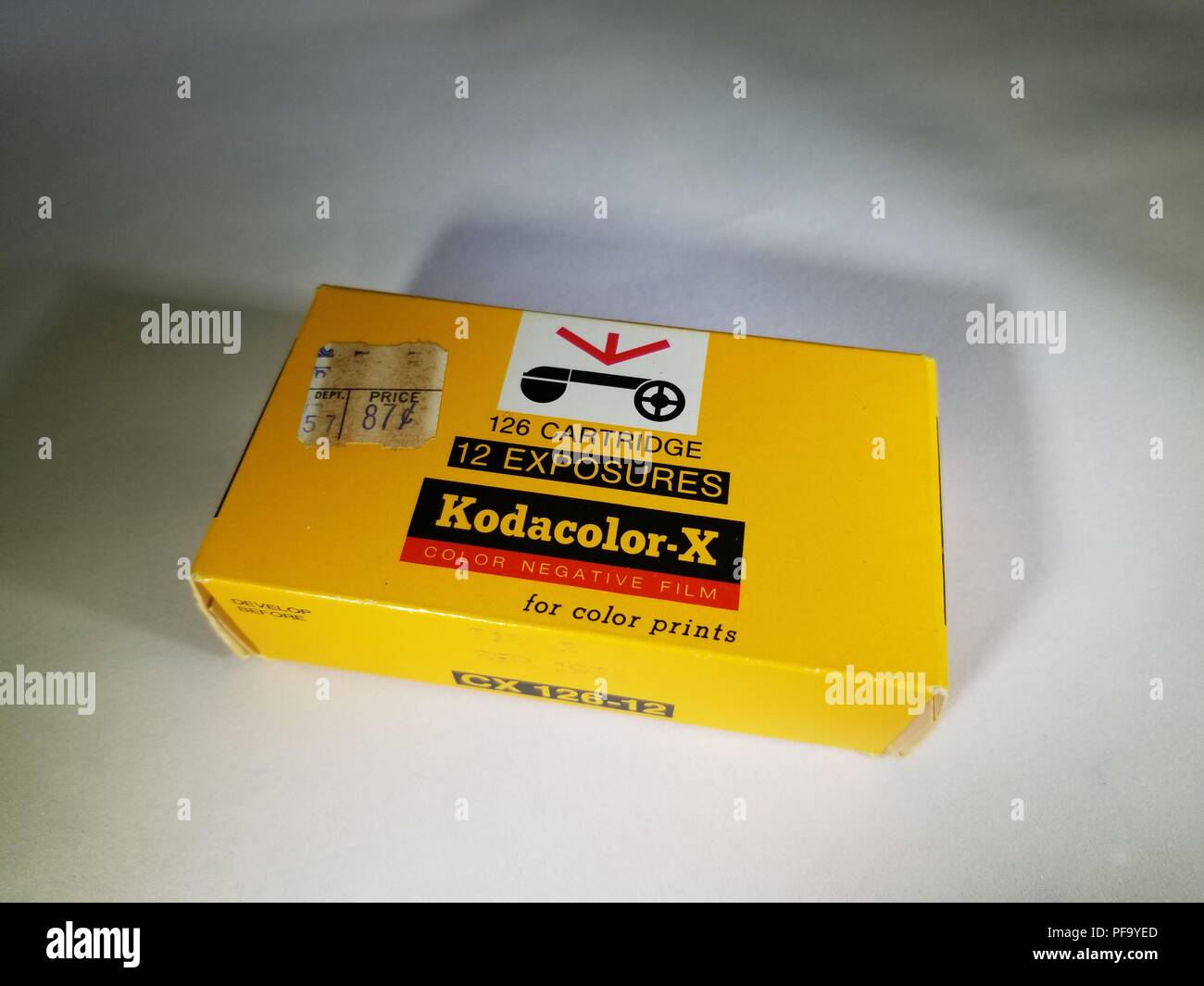 Close-up of yellow box of Kodak Kodacolor X color negative camera film in 126 format, with original price of 87 cents, February 21, 2018. () Stock Photo