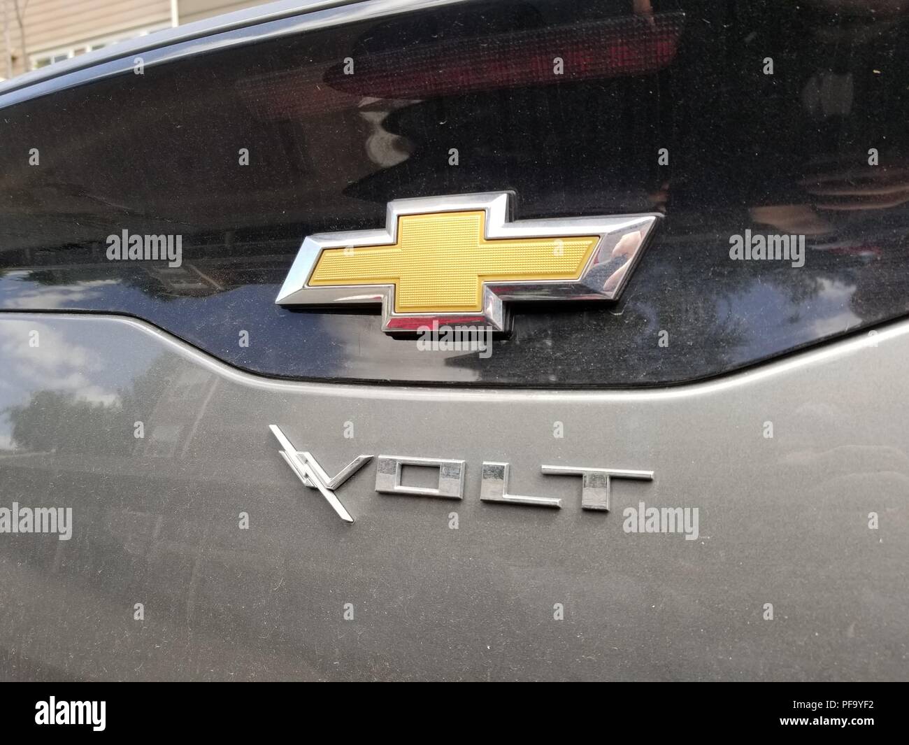Close-up of logo on the back of a Chevrolet Volt electric car in the San Francisco Bay Area, Dublin, California, April 30, 2018. () Stock Photo
