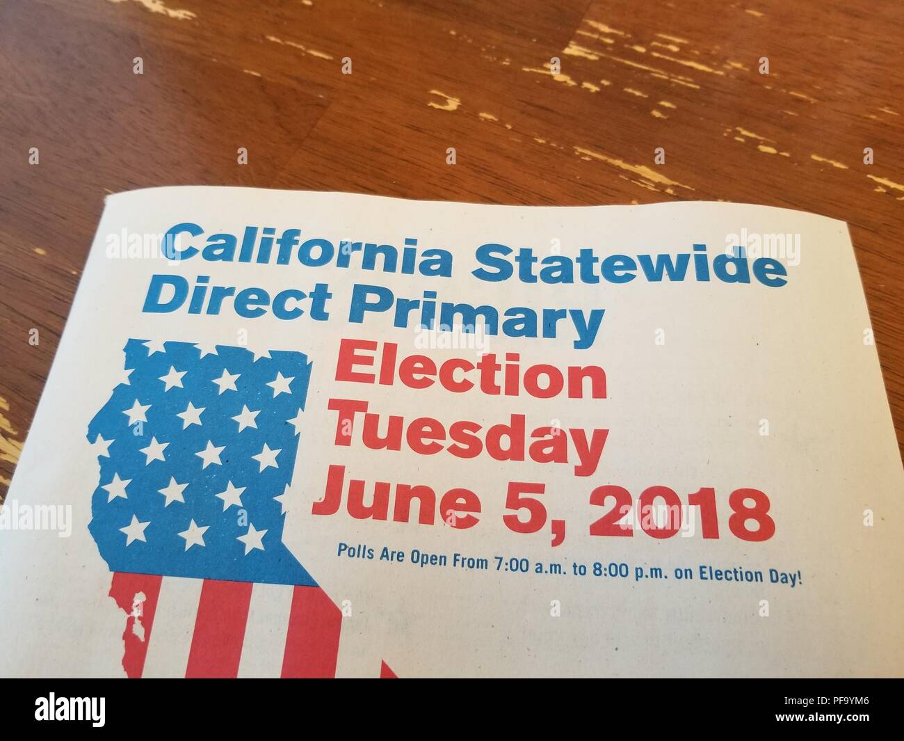 Close-up of official voter information for the California Statewide Direct Primary midterm election on a light wooden surface, May 11, 2018. () Stock Photo