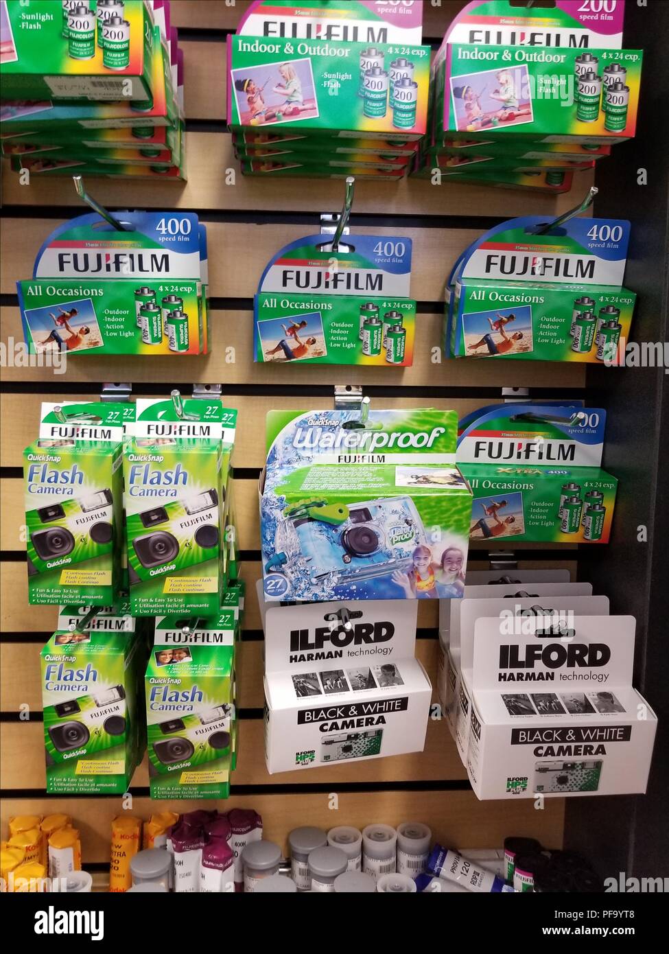 Disposable analog film cameras, including black and white film cameras from film manufacturer Ilford, are on display at Mike's Camera in Dublin, California, July 6, 2018. () Stock Photo