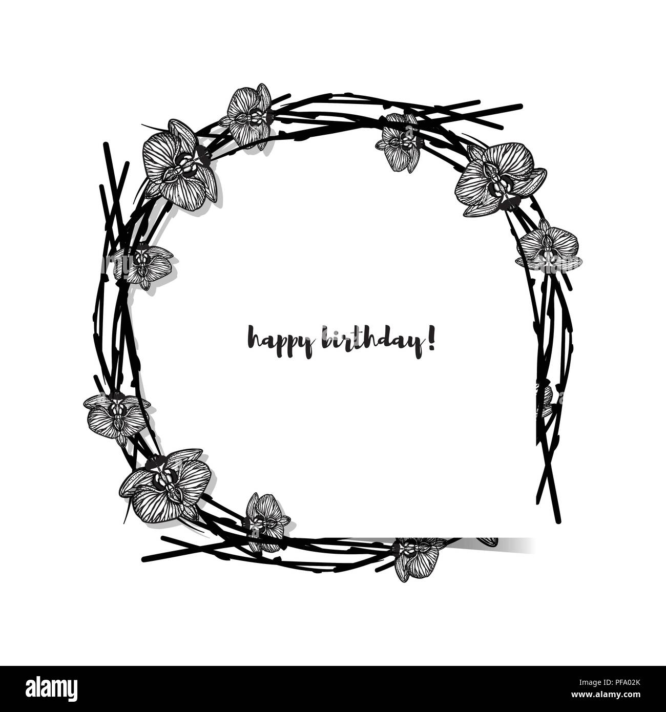 Card template with floral motif on white background. Black and white ...