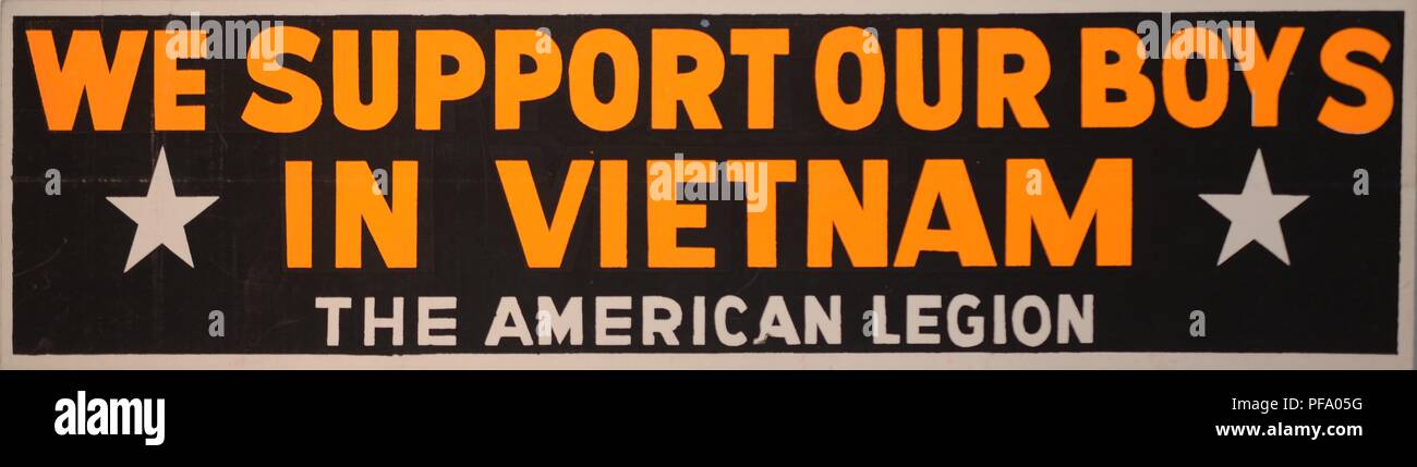 Black and Yellow bumper sticker, with the pro-war message 'We Support Our Boys In Vietnam, ' produced by The American Legion, likely during the later years of the Vietnam War, 1970. () Stock Photo