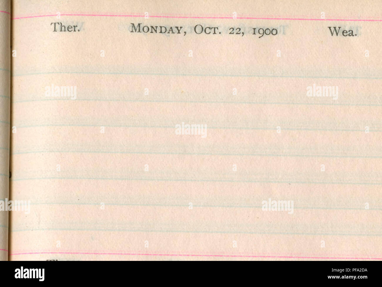 . Diary, February 5-April 29, 1900. Ornithology; Herpetology. Ther. Thursday,. Oct. 25, 1900 Wea. Ther. Friday 26. Ther. Monday 29 Wea.. Please note that these images are extracted from scanned page images that may have been digitally enhanced for readability - coloration and appearance of these illustrations may not perfectly resemble the original work.. Stejneger, Leonhard, 1851-1943. Stock Photo