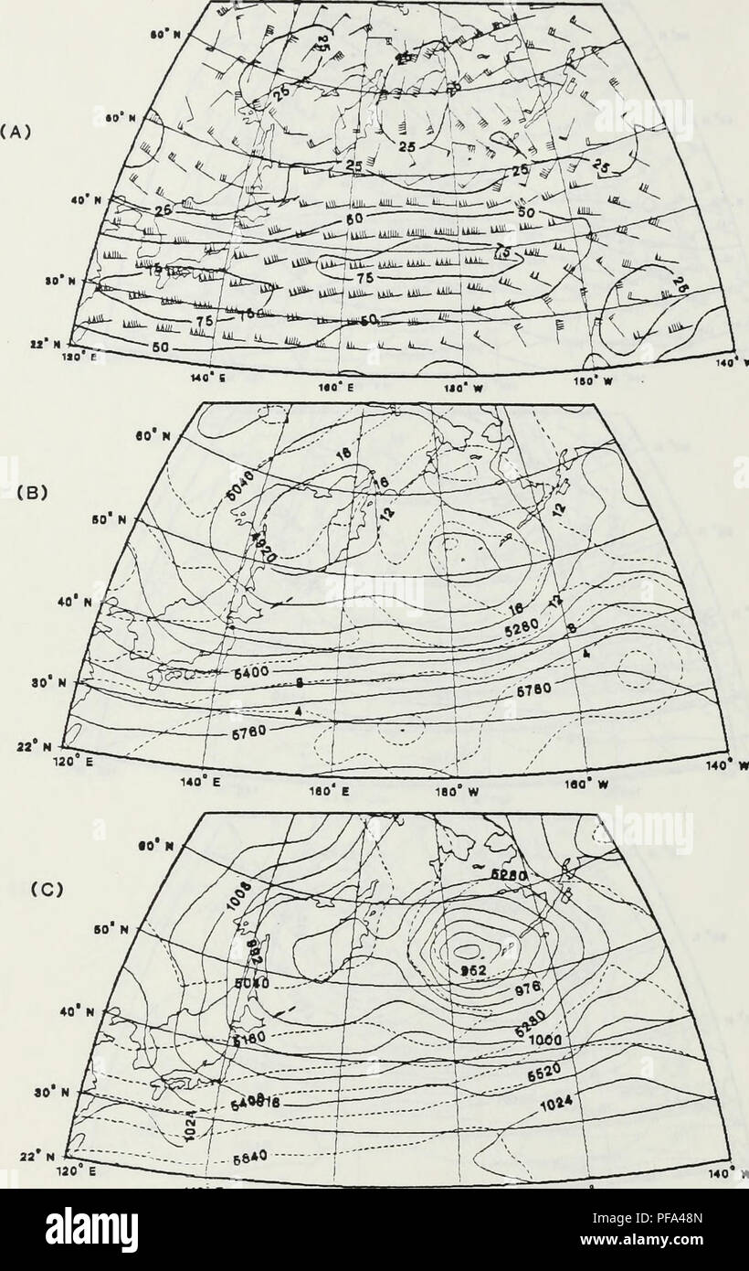 . Diagnostic verification of the GLAS general circulation model as applied to a case of extratropical maritime explosive cyclogenesis.. Meteorology; Oceanography. 30 N 120 E Figure 19. As in figure 2 except for NOSAT Prognosis 1200 GMT 15 January. Please note that these images are extracted from scanned page images that may have been digitally enhanced for readability - coloration and appearance of these illustrations may not perfectly resemble the original work.. Ebersole, Kenneth A.. Monterey, California: U. S. Naval Postgraduate School Stock Photo