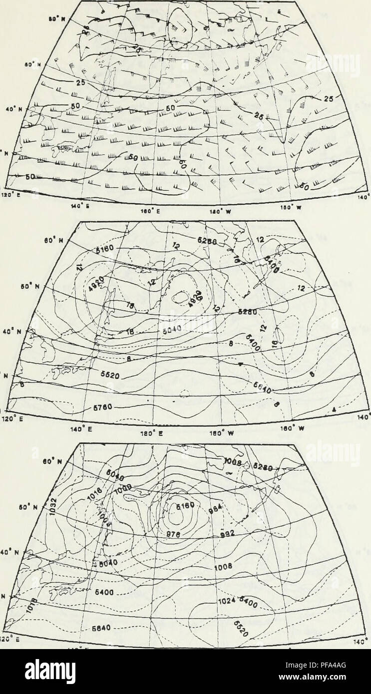 . Diagnostic verification of the GLAS general circulation model as applied to a case of extratropical maritime explosive cyclogenesis.. Meteorology; Oceanography. (A) 40* N »0*N (B) SO N a n (C) 22 N. Figure 2. Synoptic Fields for GLAS Analysis at 0000 GMT 12 January 1979. (A) 250 mb winds/Isotachs (m/s). (B) 500 mb Absolute Vorticity (DASHED) X 10**5/sec and Heights (SOLID) in qpm. (C) Sea Level Pressure (SOLID) in mb and 1000-500 mb Thickness (DASHED) in gpm. 61. Please note that these images are extracted from scanned page images that may have been digitally enhanced for readability - color Stock Photo