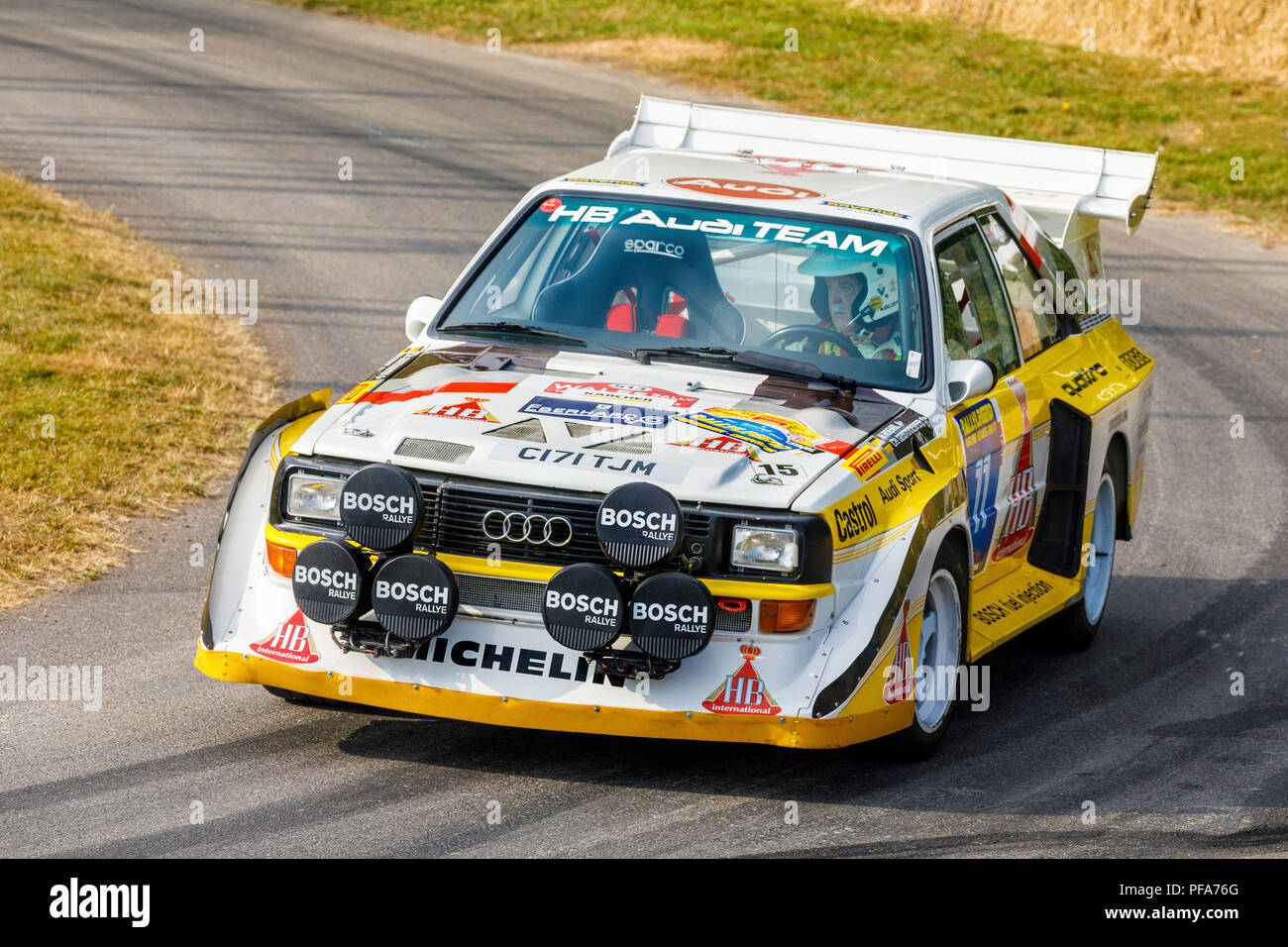 1985 Audi Sport Quattro S1 E2 Group B rally car with driver David Kedward at the 2018 Goodwood Festival of Speed, Sussex, UK. Stock Photo