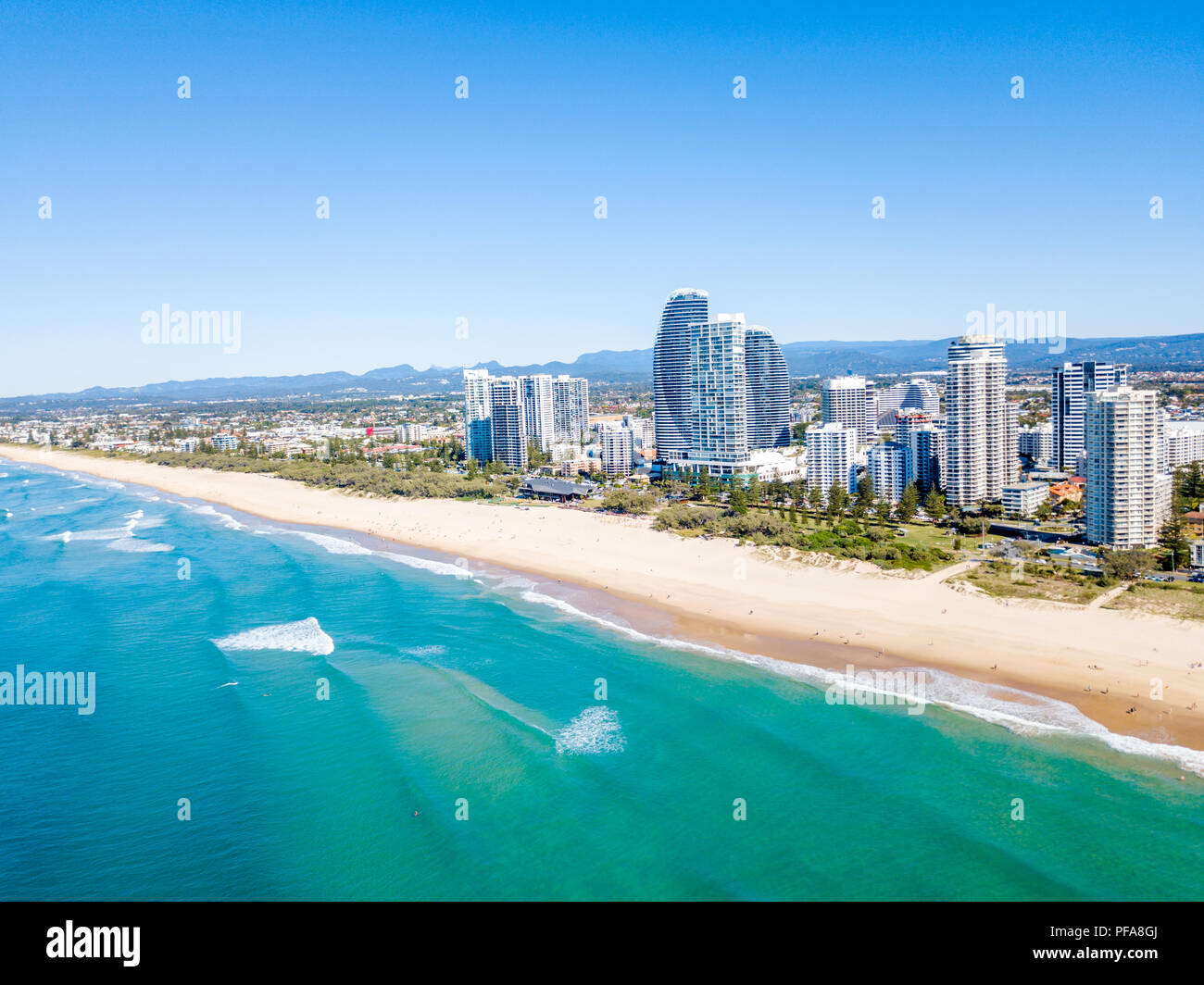 An aerial view of Broadbeach on a clear day on the Gold Coast Stock