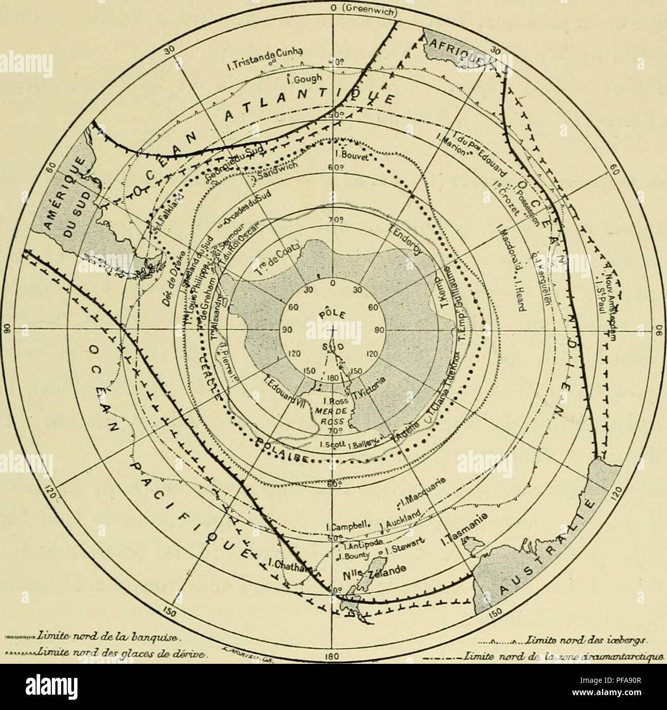 . Deuxième expédition antarctique francaise (1908-1910). Natural history -- Antarctica; Scientific expeditions -- Antarctica; Antarctica. OISEA rx A NT A RC TIQUES. 191 ouest (le rAmériquo du Sud, mors du (lap, Iverguelon, sud de rocéan Indien, Australie^ Nouvelle-Zélande, île C-liathani. 23. Halobaena caerulea (1 8-9 16-17-32-42-44-55-56-59-65 66-68). ni&gt;fjion witarrfiqi(e. — m'33' S., 22°88' W. (Bruce), GloS. et 1 lO&quot; W. (Gain). liri/lon suhanfarcl/f/HO. — Mers du Sud jusqu'au 10°. Nids sur l'ile. •.-rXinvUe narxZ des qIclcb^ d&amp; dérioe- ji f...XimiiB Twvd/der ireb&amp;^s limite r Stock Photo
