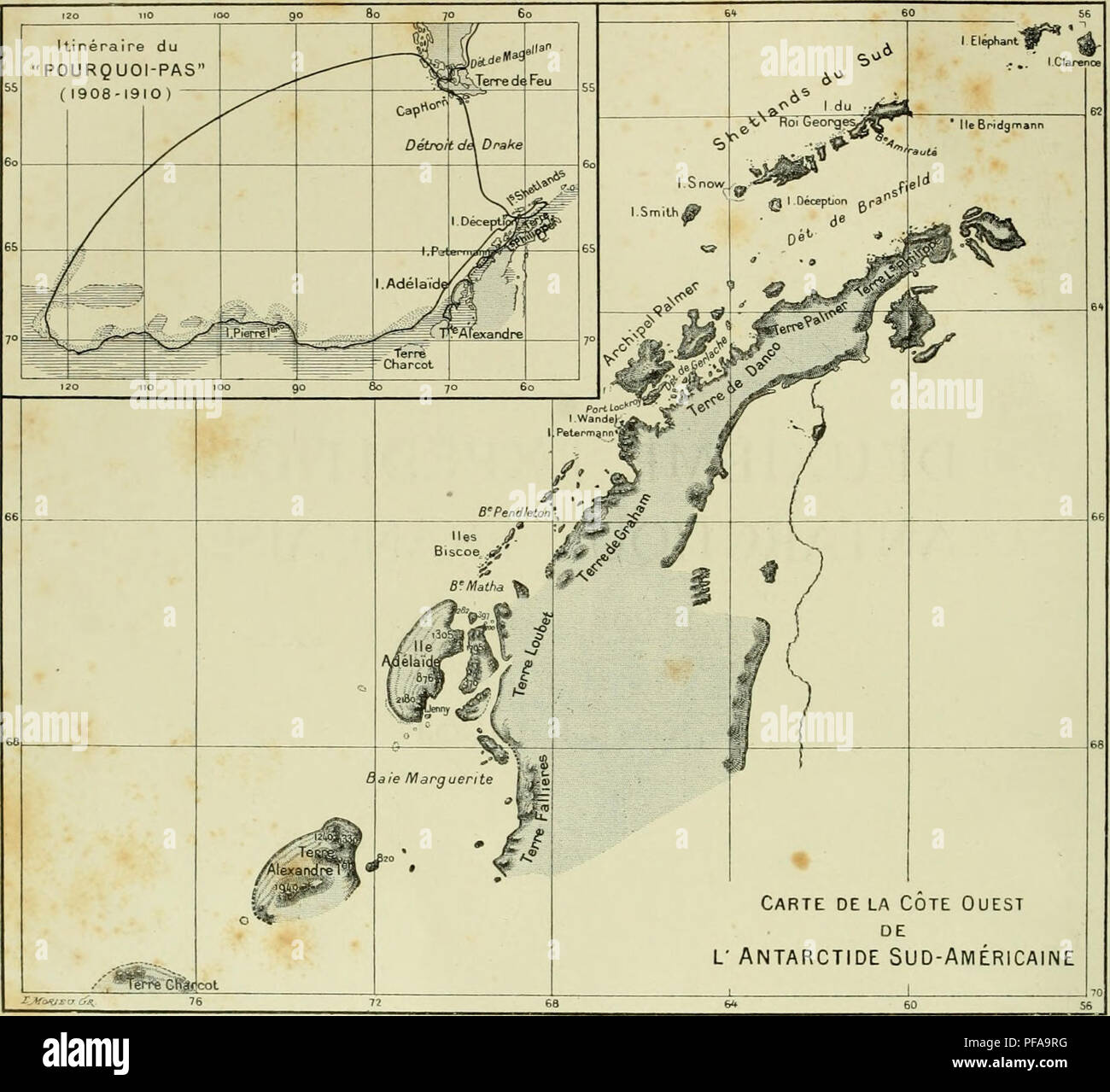 . Deuxième expédition antarctique francaise (1908-1910). Natural history -- Antarctica; Scientific expeditions -- Antarctica; Antarctica. CARTE DES RÉGIONS PARCOURUES ET RELEVÉES PAR L'EXPÉDITION M. BONGRAIN. L. Gain. . R.-E. GODFROY E. GOURDON J. LlOUVlLLE J. ROUCH. . MEMBRES DE VET AT MAJOR DU &quot; POURQUOI'PAS &gt; &quot; J.-B. CHARCOT Hydrographie, Sismographie, Gravilalion terrestre, Observations astronomiques. Zoologie (Spongiaires, Echir.odermes, Arthropodes. Oiseaux et leurs parasites), Piankton, Botanique. Marées, Topographie côtiere, Chimie de l'air. Géologie, Glaciologie. Médecine Stock Photo