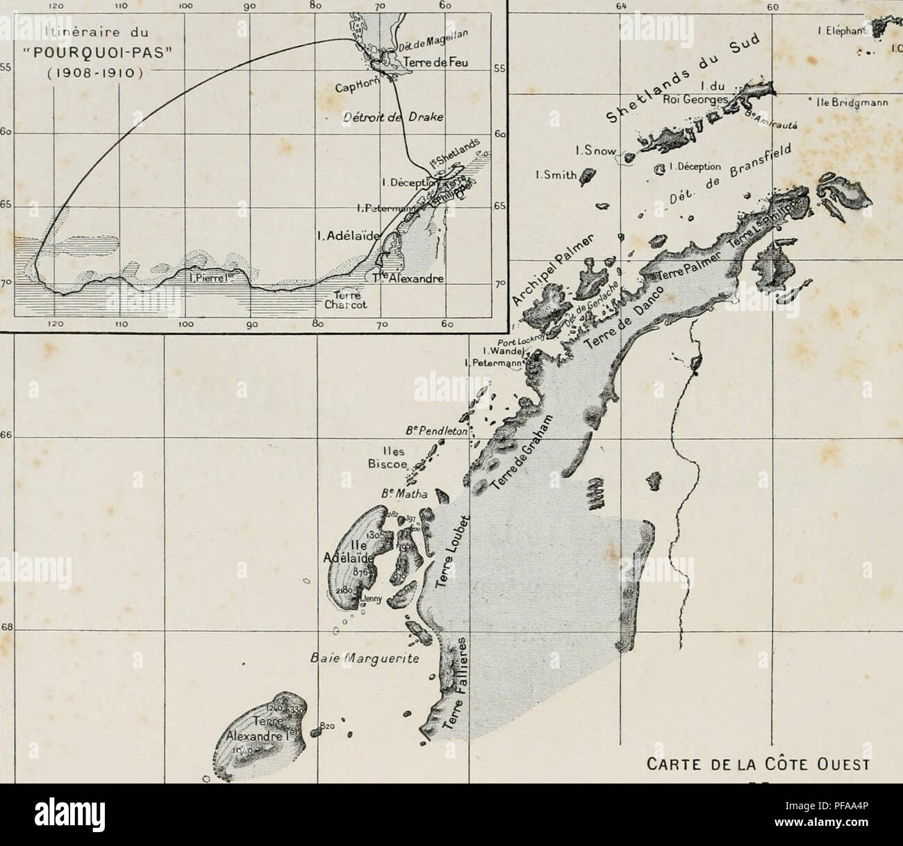 . Deuxième expédition antarctique francaise (1908-1910). Natural history -- Antarctica; Scientific expeditions -- Antarctica; Antarctica. Itinéraire du &quot;POURQUOI-PAS&quot; ( 1908-1910) rcfatlcot. Carte de la Cote Ouest DE L' ANTARCTIDE SUD-AMÉRICAINE r^^c'^E^a c&lt;j{ CARTE DES REGIONS PARCOURUES ET RELEVÉES PAR L'EXPÉDITION MEMBRES DE UETAT-MAJOR DU &quot; POURQUOI PAS ? &quot; J.-B. CHARCOT M. BONGRAIN Hydrographie, Sismographie, Gravitation terrestre, Observations astronomiques. L. Gain Zoologie (Spongiaires, EcbinotJermes, Arthropodes, Oiseaux el leurs parasites), Plankton, Botanique. Stock Photo