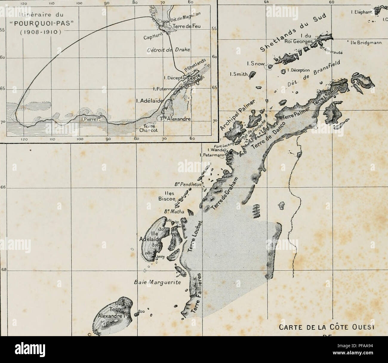 . DeuxiÃ¨me expÃ©dition antarctique francaise (1908-1910). Natural history -- Antarctica; Scientific expeditions -- Antarctica; Antarctica. ItinÃ©raire du &quot;POURQUOI-PAS&quot; ( 1908-1910). Carte delÃ Cote Ouest DE L' ANTARCTIDE SUD-AlVlÃRlCAINE erfeG&lt;TÃ &lt;jcot CARTE DES RÃGIONS PARCOURUES ET RELEVÃES PAR L'EXPÃDITION MEMBRES DE fETAT-MAJOR DU &quot; POURQUOI-PAS? J.-B. CHARCOT M. BONGRAIN Hydrographie, Sismographie, Gravitation terrestre. Observations astronomiques. L. Gain Zoologie (Spongiaires, Echinodermes, Arthropodes, Oiseaux et leurs parasites), Planktor, Botanique. R.-E. GODFR Stock Photo