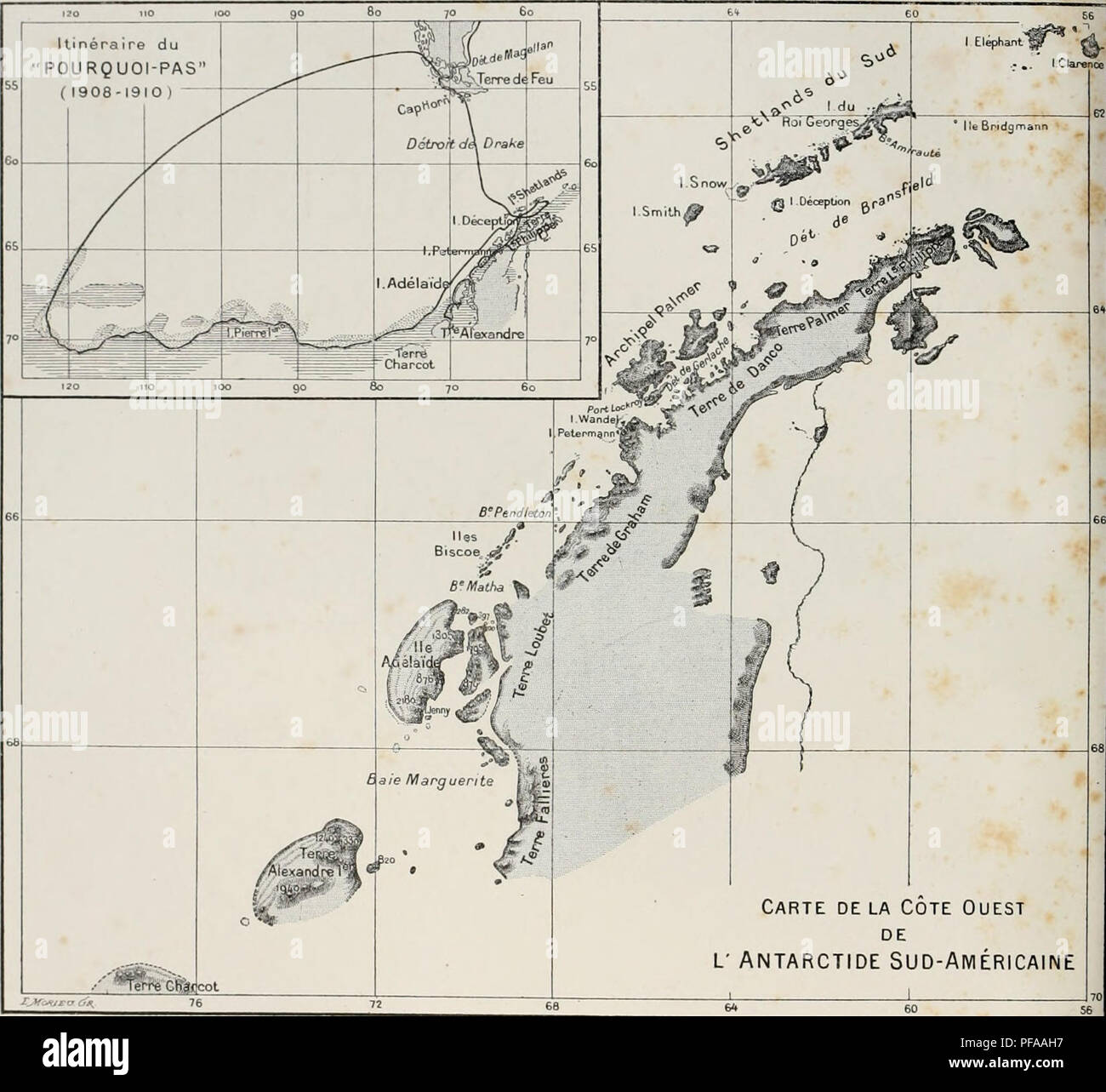 . DeuxiÃ¨me expÃ©dition antarctique francaise (1908-1910). Natural history -- Antarctica; Scientific expeditions -- Antarctica; Antarctica. Carte delÃ Cote Ouest DE L' ANTARCTIDE SUD-AMÃRICAINE CARTE DES RÃGIONS PARCOURUES ET RELEVÃES PAR L'EXPÃDITION MEMBRES DE LETAT MAJOR DU &quot; POURQUOI PAS &quot; J.-B. CHARCOT M. BONGRAIN Hydrographie, Sismographie, Gravitation terrestre, Observations astronomiques. L. CiAIN Zoologie (Spongiaires, Echinodermes. Arthropodes. Oiseaux et teur&amp; parasites) Plankton, Botanique. R.-E. GODFROY MarÃ©es, Tofographie cÃ´tiÃ¨re. Chimie de Tair. E. GOURDON ... . Stock Photo
