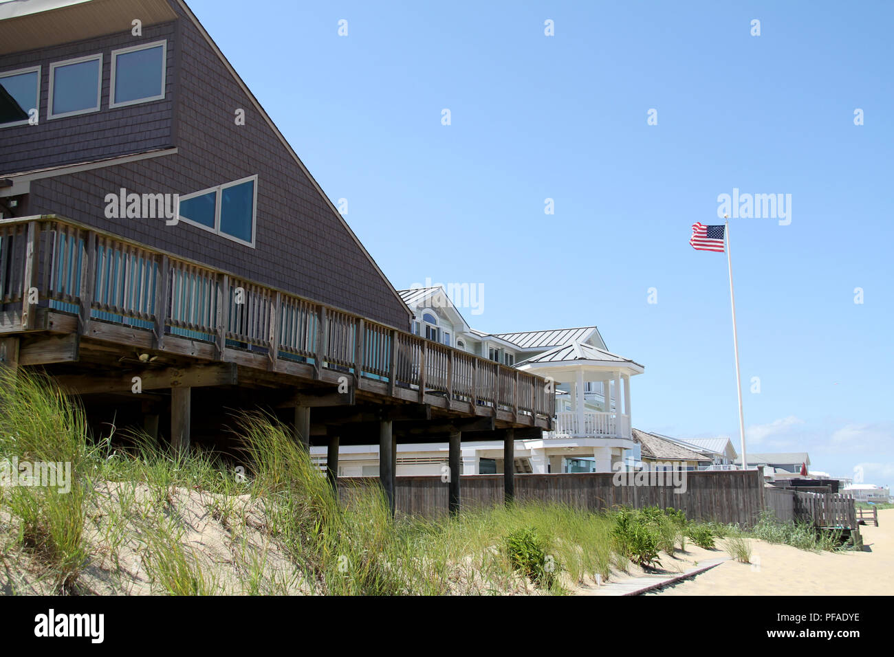 Rental houses on the shore of the Atlantic Ocean, at Virginia Beach, USA Stock Photo