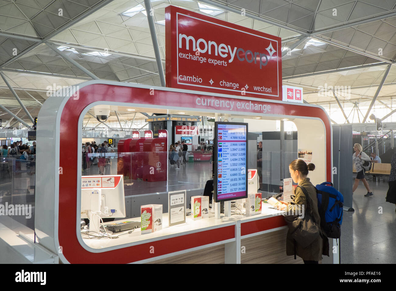 Stansted, Moneycorp,Currency,exchange,kiosk,poor,rates,Airport,arrival,terminal,August,summer,London,Essex,England,Europe,European,passengers,arrival, Stock Photo