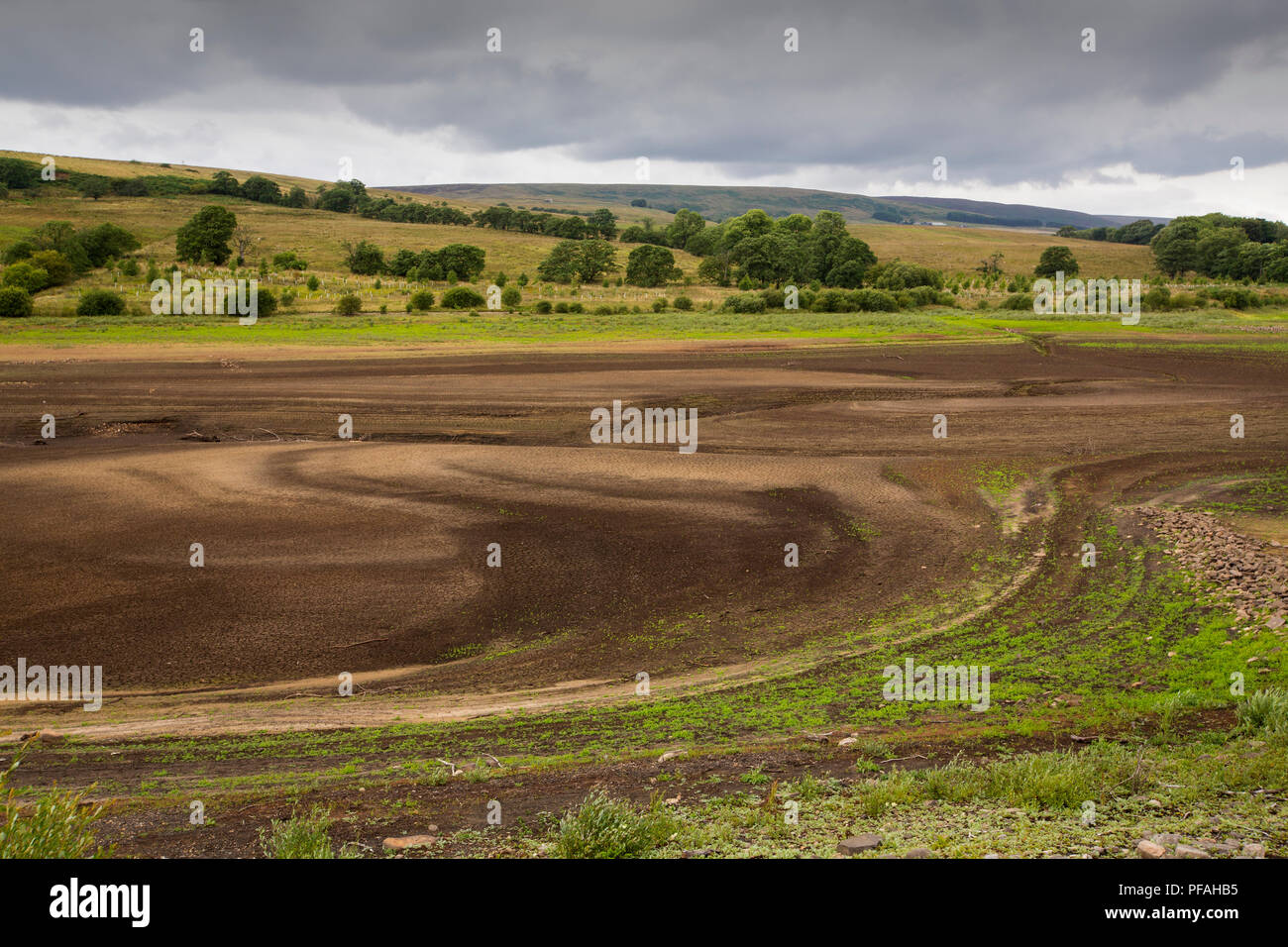 Stocks Reservoir in Bowland, Lancashire, drying up due to the ongoing drought, July 2018. Stock Photo