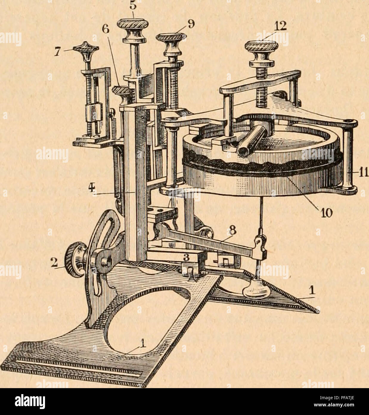 Dictionnaire de physiologie. Physiology. 926 GRAPHIQUE (MÃ©thode). Le  cardiographe de Burdon-Sanderson (1873) se compose d'un tambour Ã air qui  repose sur la paroi thoracique Ã l'aide d'un support qui prÃ©sente trois