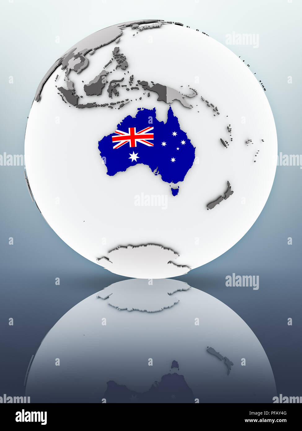 Australia with flag on globe reflecting on surface. 3D illustration ...