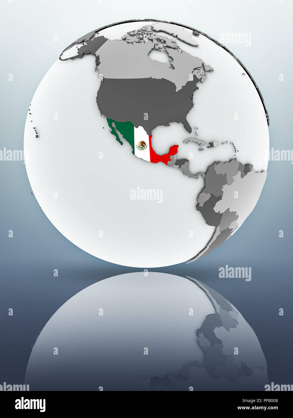 Mexico with flag on globe reflecting on surface. 3D illustration Stock ...