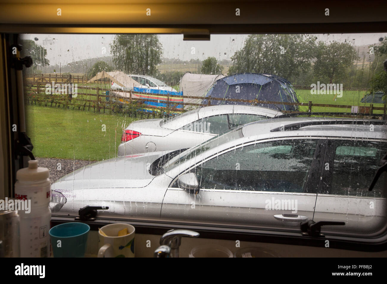 A wet day from a caravan in Austwick, Yorkshire Dales, UK Stock Photo