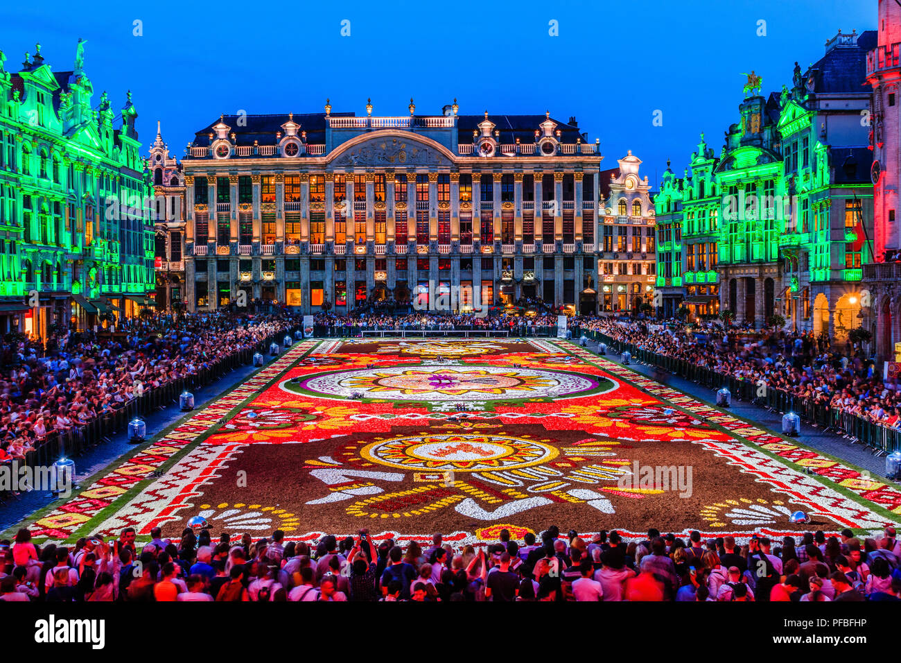 Brussels, Belgium  - August 16, 2018: Grand Place at night during Flower Carpet Festival. Stock Photo
