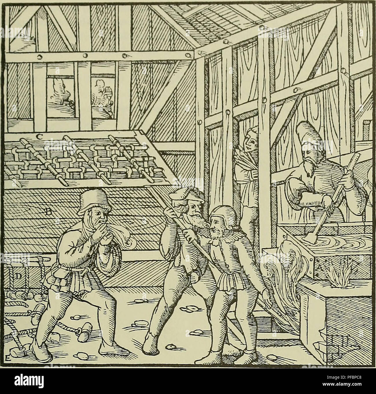 . De re metallica. Metallurgy; Mineral industries. BOOK XII.. A—Caldron. B—^Tank. C—Cross-bars. D—Ropes. E—Little stones. By the third method vitriol is made out of melanteria and sory. If the mines give an abundant supply of melanteria and sory, it is better to reject the chalcitis, and especialty the misy, for from these the vitriol is impure, particularly from the misy. These materials having been ,dug and thrown into the tanks, they are first dissolved with water ; then, in order to recover the pyrites from which copper is not rarely smelted and which forms a sedi- ment at the bottom of th Stock Photo