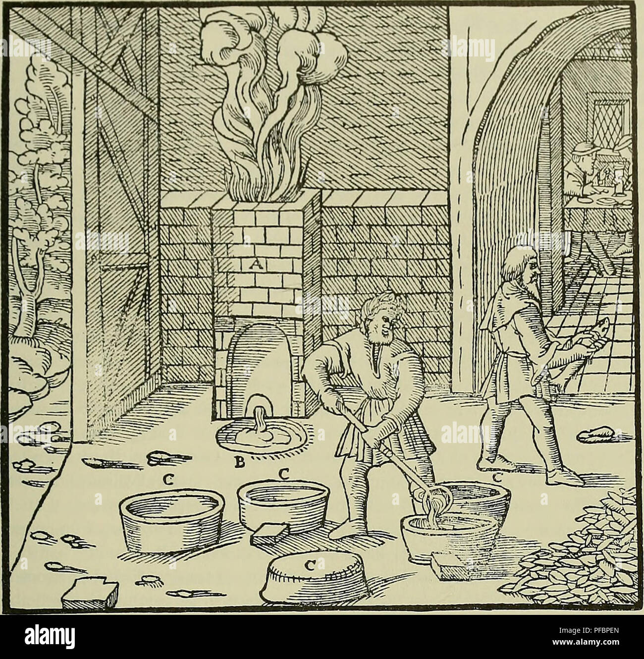 . De re metallica. Metallurgy; Mineral industries. P.OOK XI. 54;5. A—Furnace. B—Forehearth. C—Oblong moulds. placed apart by themselves, of which one basketful is mixed with the precious thorns to be re-melted. The exhausted liquation cakes are &quot; dried &quot; at the same time as other good exhausted liquation cakes. The thorns which are drawn off from the lead, when it is separated from silver in the cupellation furnace**, and the hearth-lead which remains in the crucible in the middle part of the furnaces, together with the hearth material which has become defective and has absorbed silv Stock Photo