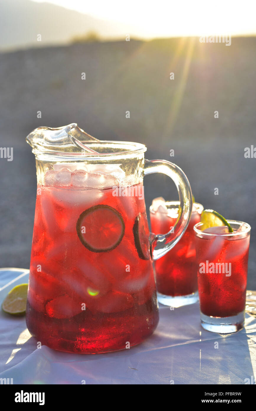 red colorful hibiscus flower iced tea cold drink in glasses and pitcher