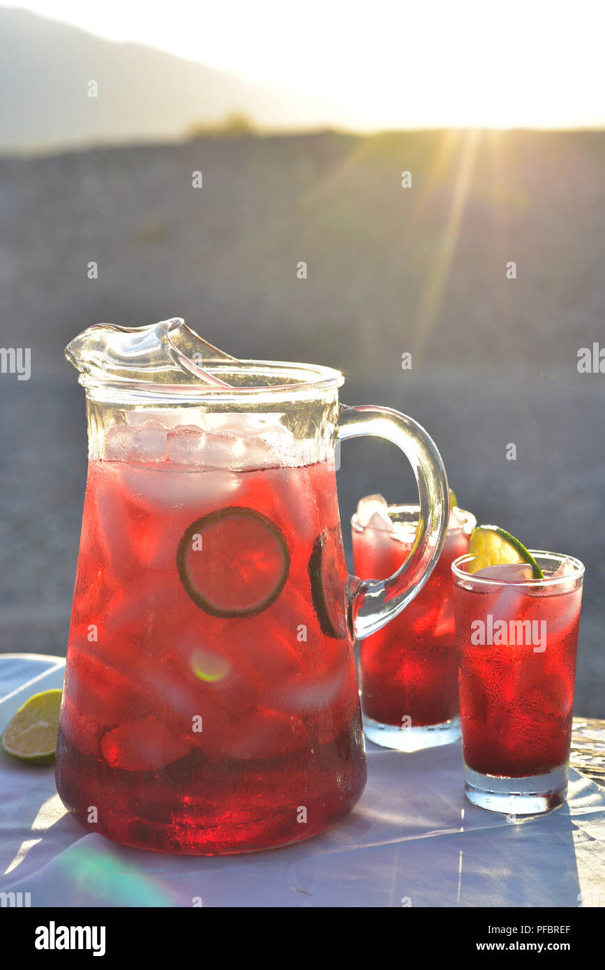 red colorful hibiscus flower iced tea cold drink in glasses and pitcher