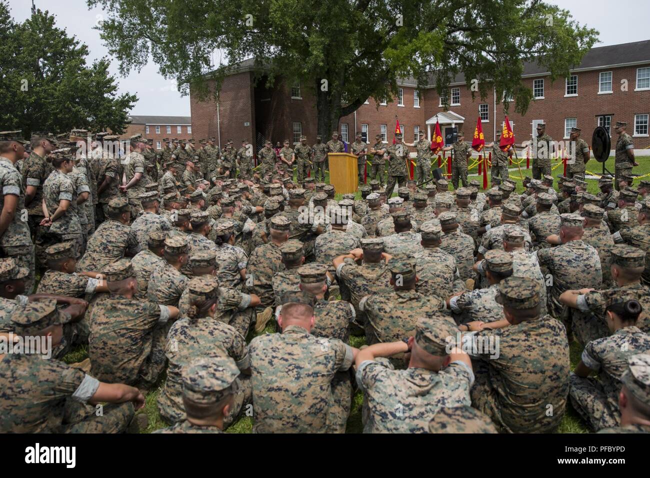 U.S. Marine Corps Brig. Gen. David W. Maxwell, 2nd Marine Logistics Group commanding general, speaks to Marines and Sailors with 2nd Transportation Support Battalion, Combat Logistics Regiment 2, 2nd MLG, during an award ceremony on Camp Lejeune, N.C., June 5, 2018. The ceremony was held to recognize 2nd TSB as the Marine Corps Motor Transport Unit of the Year. Stock Photo
